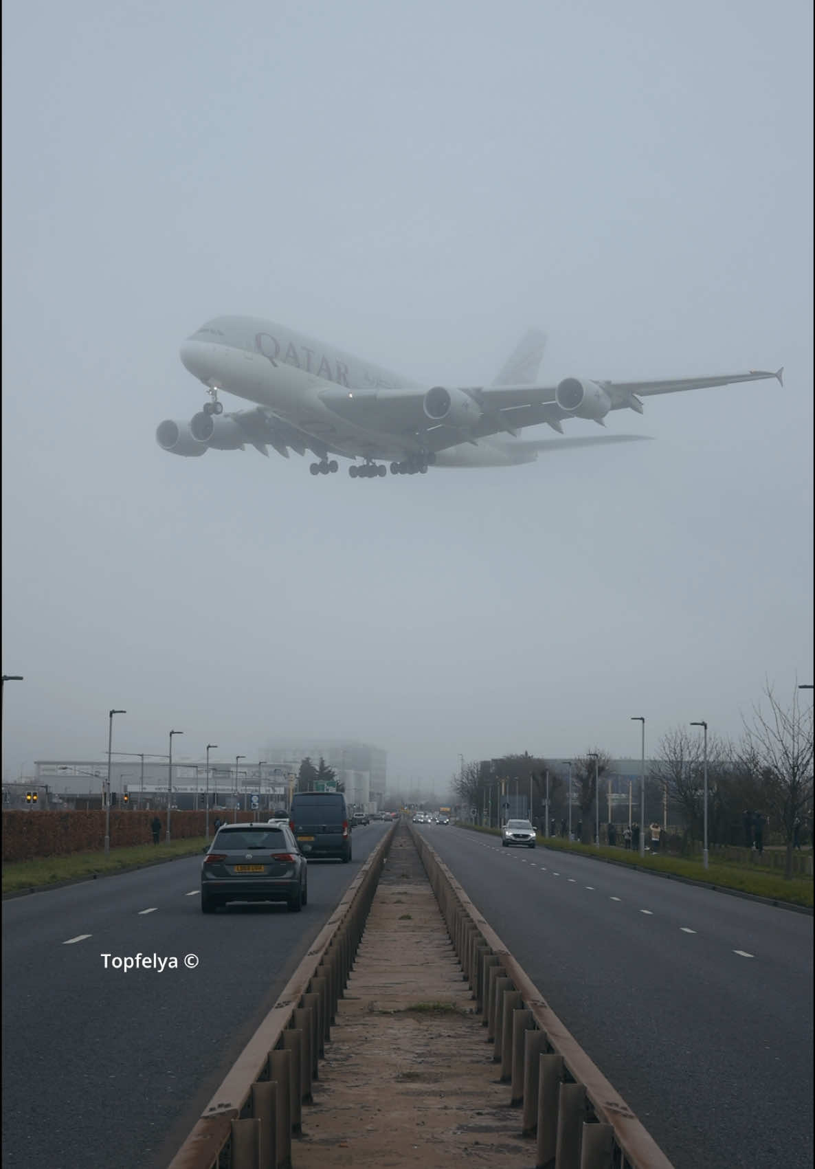 A giant Qatar Airbus A380 cuts through the fog prior to landing at London Heathrow Airport. It’s the fourth consecutive day of foggy weather in London, causing numerous flight delays and cancellations