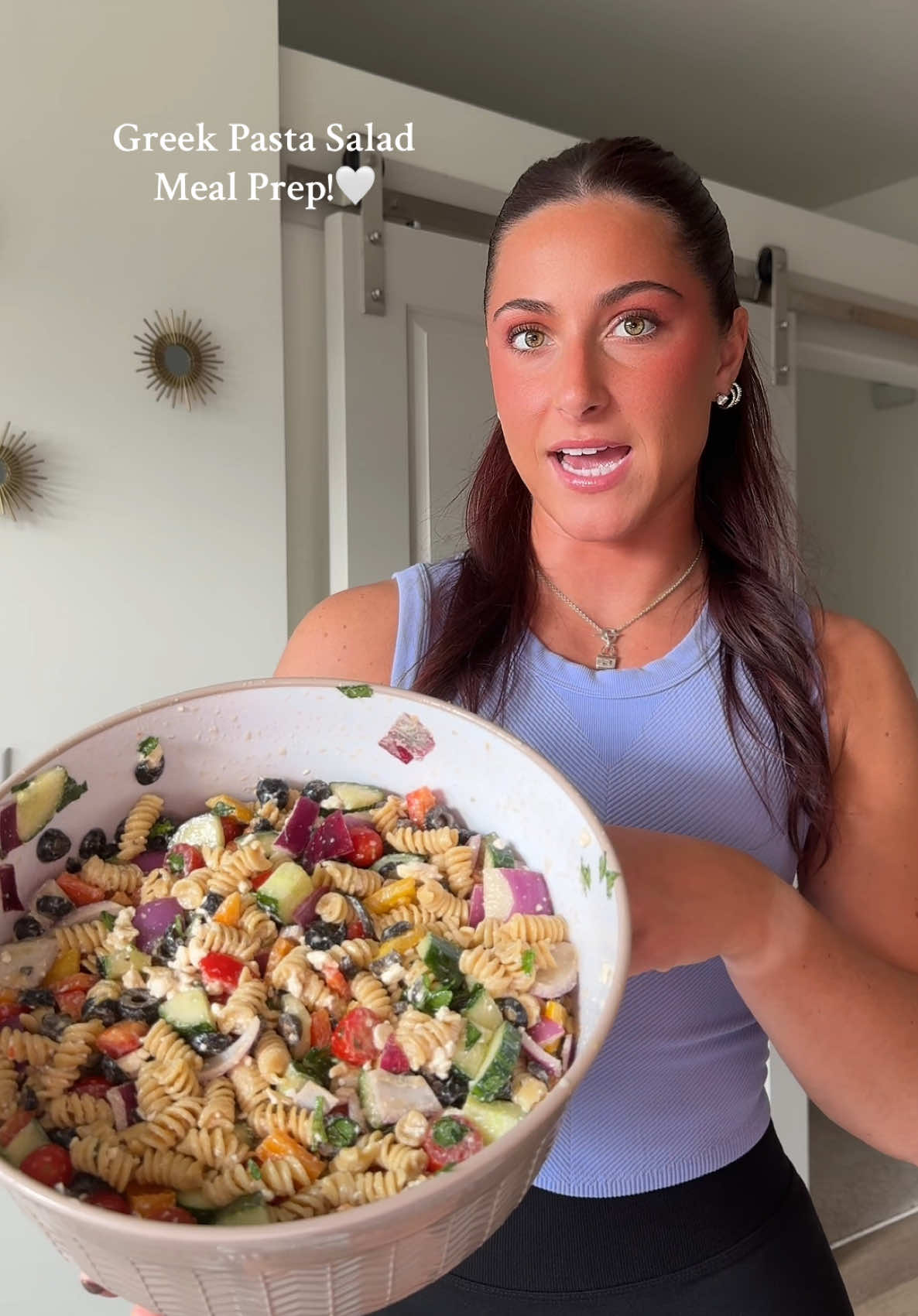 Greek Pasta Salad Meal Prep!🤍 #highprotein #highproteinrecipes #highproteinmeals #mealprep #highproteinmealprep 