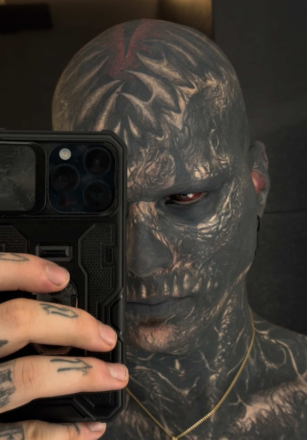 come closer or what are you afraid of?  #closeup #extreme #facetattoo #paranormal #transformation #organic #bodysuit #inprogress #horrorart #darkart #tattooart #blackandred #eyeballtattoo #fyp #explore #facetoface #tattoo #tattooinspiration #coveruptattoo #coverup #zombieboy #skull #vecna #morbid #blackwork 