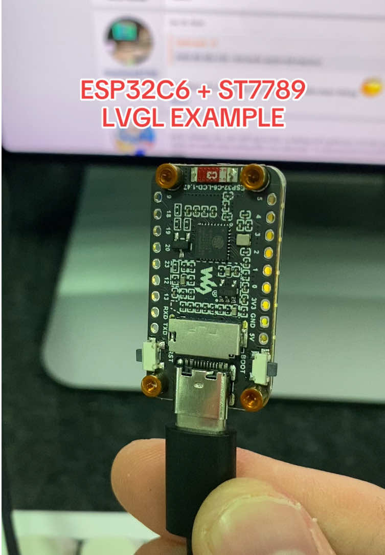 This could be a smallest esp32 with a tft screen in a finger size form factor. That module support BLe5 and Wifi6, It is running a lvgl UI example #bluecylabs #esp32c6 #lvgl 