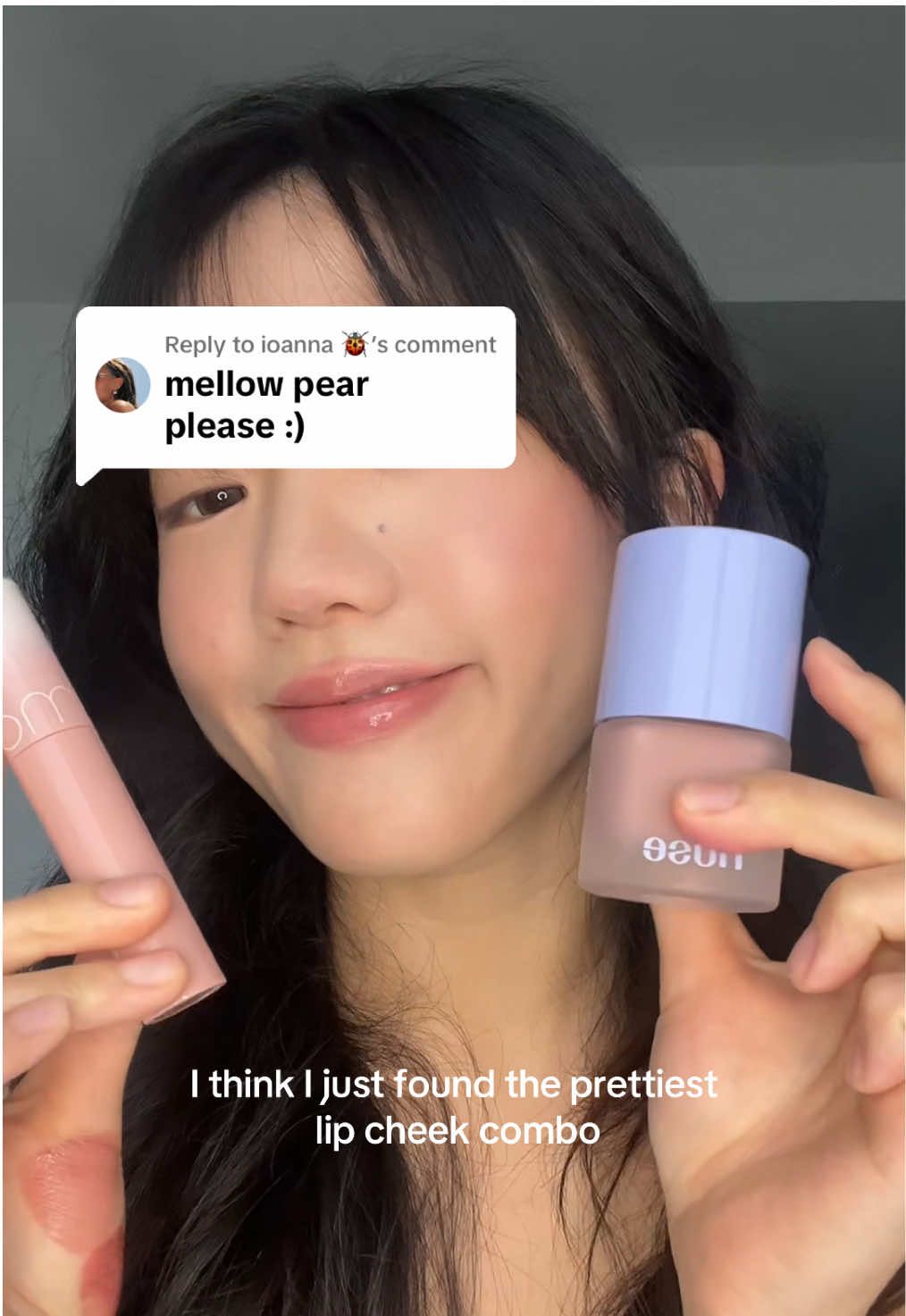 Replying to @ioanna 🐞 Mellow Pear lip cheek combo!! @롬앤 romand @Rom&nd US #kbeauty #koreanmakeup #romand #nuse #liptint #liptintviral #liquidblush #fyp 