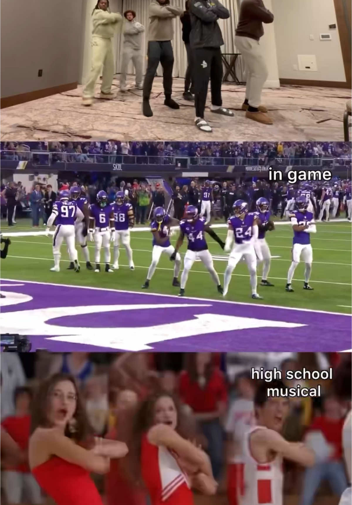 Troy Bolton been reallll quite since the Vikings did this celly 😂 (via @cambeezy_24) #minnesotavikings #vikings #highschoolmusical #vikingscelebration #cambynum #funny #nfl #football 