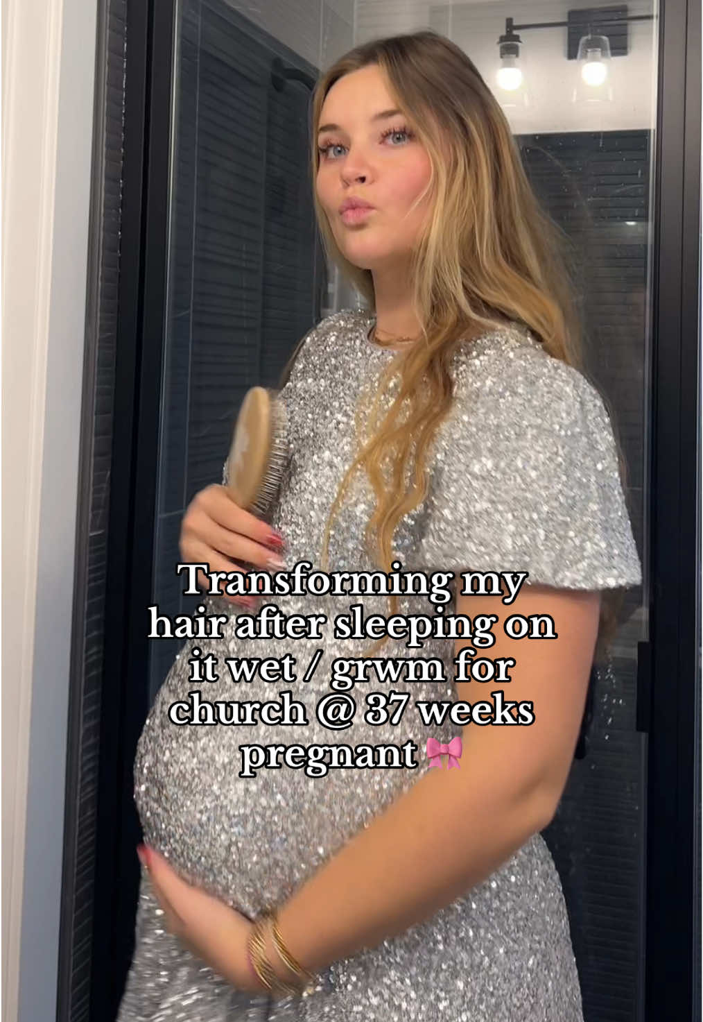 Happy Sunday! Here’s my New Year’s Eve church fit & some updates! Let me know if we want a more in-depth hair tutorial! #hairtransformation #hairhacks #37weekspregnant #updo #pregnant #churchgrwm @K18 Hair @Nexxus Hair Care  @ILIA Beauty @Saie @jessakae @Milani Cosmetics @Charlotte Tilbury @Hourglass Cosmetics  