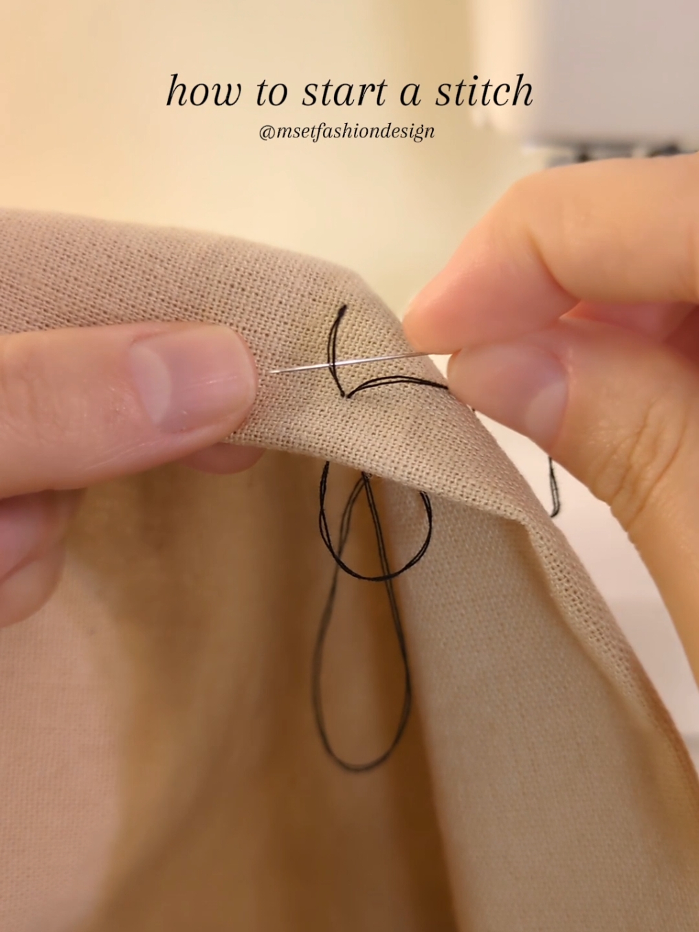 How to start a stitch: Read below 👇  This is my go-to method for starting a stitch:  Untwist the thread, tie a single knot at the end, and pass the needle through the loop formed by the double thread at the back (wrong side) before pulling it tight. 🫶🪡✨ #sewingtiktok #handstitching #sewingforbeginners 