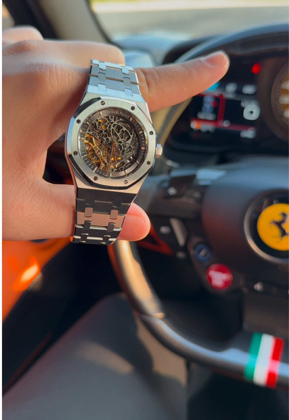 This is the Audemars Piguet Royal Oak Skeleton, a masterpiece of design and precision. Its steel body exudes elegance, resembling a work of art, a fine machine, and a timeless jewel☠️🩶      #luxury #ferrari #watch #fyp #skeleton 