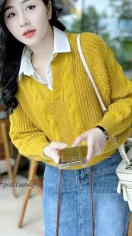 Áo len nữ dài tay cổ V vặn thừng phối sơ mi Cao Cấp hàng QUẢNG CHÂU dễ phối đồ phong cách HQ B1V3 Top Women Voi mới Giá chỉ 165.000₫!
