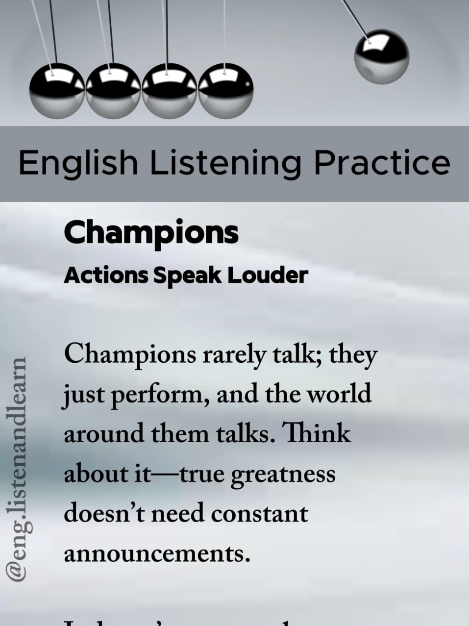 Silence 🤐 of Champions ✴️, action speaks louder... Daily English listening 🎧 and speaking 🗣️ practice by English narration and short story  #english #learnenglishdaily #learnenglish #englishlistening #listening #englishpractice #dailyenglishpractice #englishspeaking #englishclass #englishlesson #confidenceiskey #confidencecoach #champions #fromsilencetochampions #actionspeakslouder #silenceofchampions #leaders #motivation 