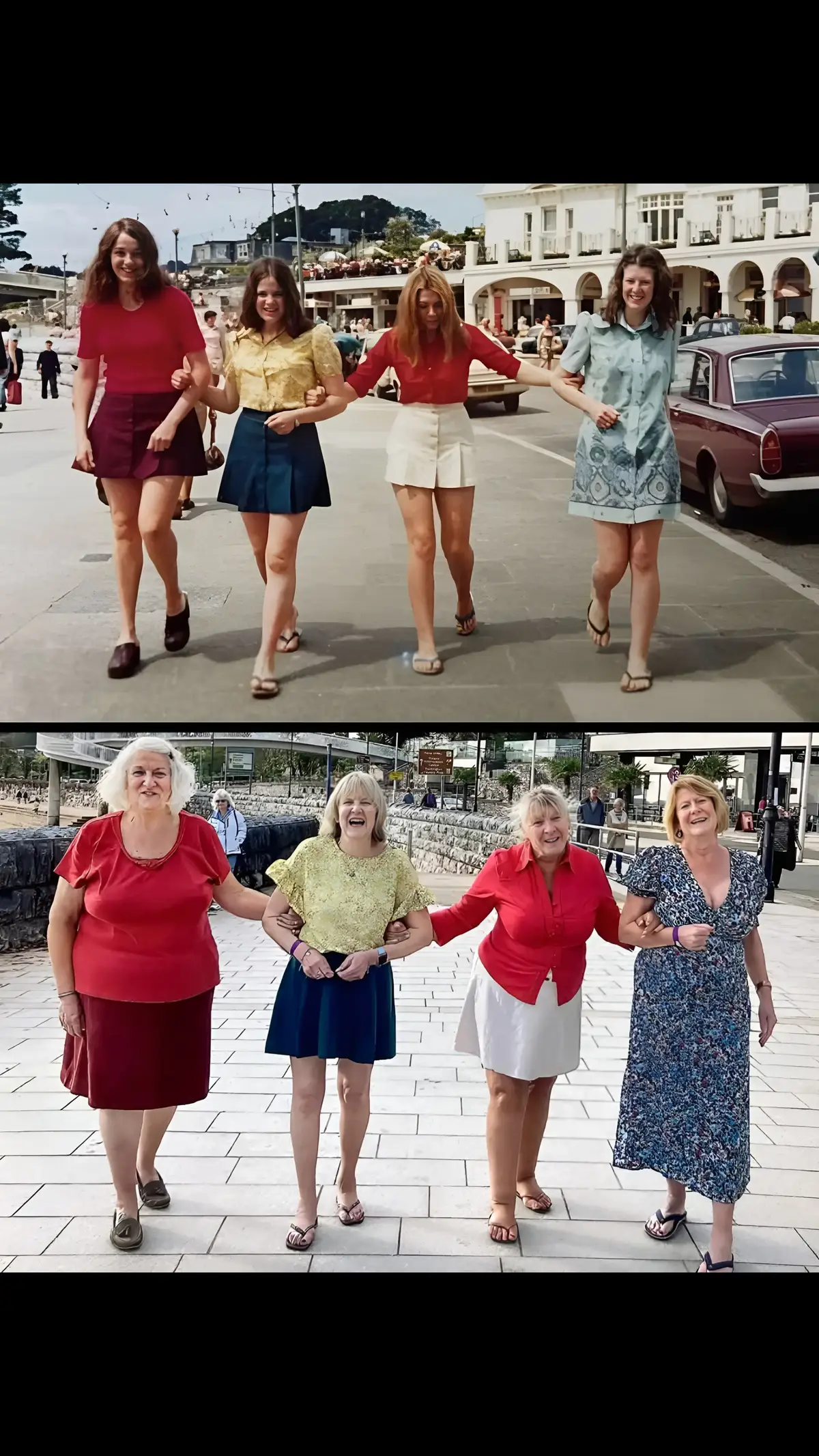 Para as quatro mulheres na fotografia, Marion Bamforth, Sue Morris, Carol Ansbro e Mary Helliwell, esta é uma das suas imagens favoritas.  Tirada há mais de 50 anos numas férias na cidade costeira inglesa de Torquay, a fotografia tornou-se desde então um símbolo da sua amizade. Agora, perto dos 70 anos de idade, voltaram ao local e recriaram a fotografia. #vintage #60s #70s #1972  #decadas #fotografia #fyp 