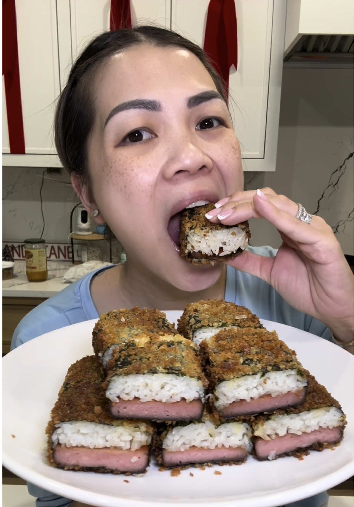 FRIED SPAM MUSUBI INGREDIENTS: 1 can of spam  2 TBS soy sauce 1.5 TBS sugar Eggs Panko INSTRUCTIONS 1. Cut your spam into 7 or 8 rectangles and cook for 2 mins on each side before pouring  your spam musubi sauce which is 2 TBSP soy sauce and 1.5 TBSP sugar). Cook this  until concoction thickens 2. Then assemble your musubi. I used a mold but you can use the can the spam comes in if you don’t have a mold. 3. then coat your spam in eggs and then panko. Pan fry until crispy on all sides 