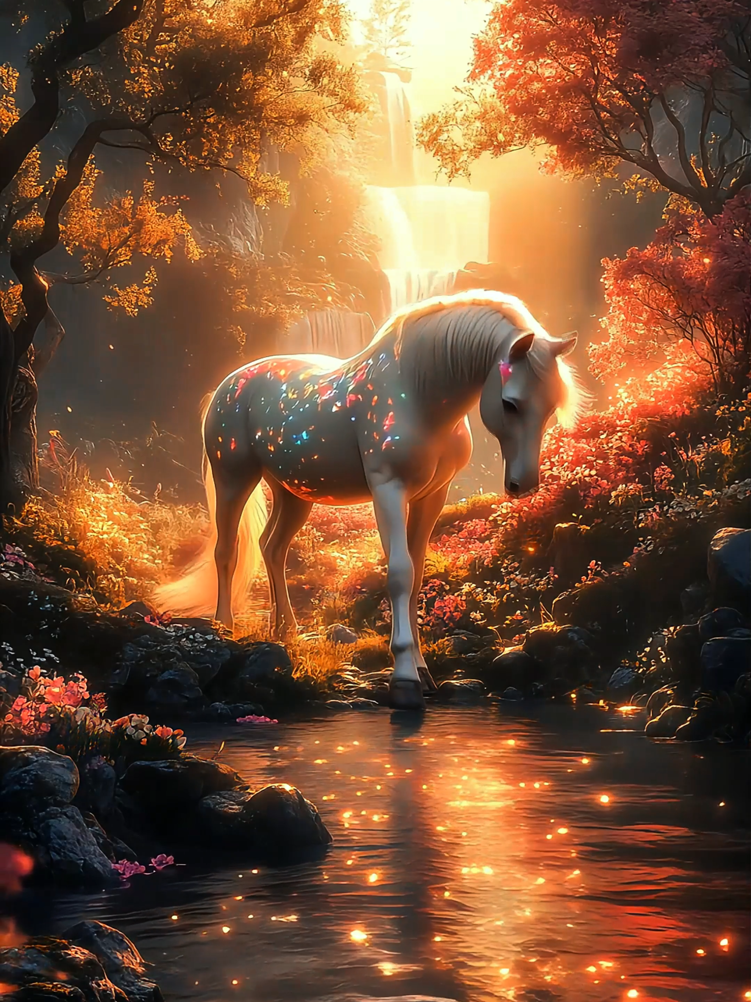 Live Wallpaper 4k Horse :  🌟✨ Witness this magical horse quenching its thirst in a shimmering stream, surrounded by flowers and bathed in golden sunlight. A fairy-tale scene come to life! 🐴🌸#horse #livewallpaper4k #2025 #livewallpaper #Nature #relaxing #chill