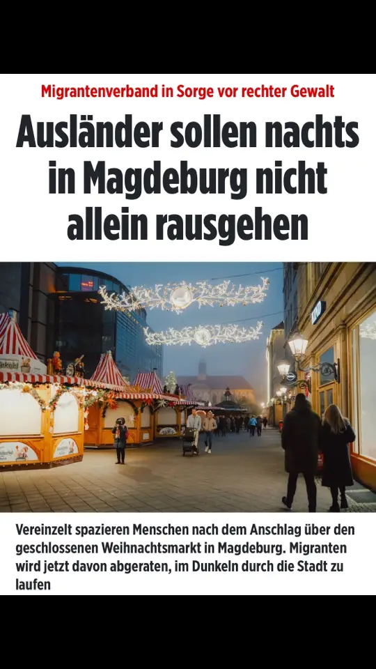 Migrantenverband in Sorge vor rechter Gewalt Ausländer sollen nachts in Magdeburg nicht allein rausgehen Magdeburg (Sachsen-Anhalt) – Sind Menschen mit Migrationshintergrund seit dem Anschlag auf dem Magdeburger Weihnachtsmarkt nicht mehr sicher? Das befürchten Politiker, Kirchen und Verbände. Die Sorge vor rassistischen Übergriffen wächst mit Blick auf Silvester. Es gebe bereits zahlreiche Berichte über fremdenfeindliche Attacken und Bedrohungen. Während der Landesbischof dazu aufruft, der „neuen Gewalt entgegenzutreten“, wird das Landesnetzwerk der Migrantenorganisationen in Sachsen-Anhalt (Lamsa) deutlicher: Es rät „Menschen mit Migrationsgeschichte dringend davon ab, sich alleine und in den Abendstunden durch die Stadt zu bewegen.“ Polizei will Streifen zu Silvester verstärken Die Warnung gilt bereits seit Tagen. In einer weiteren Mitteilung erklärte der Verein am Montag: „Es gab mehrere rassistische Angriffe auf Migranten nach dem Vorfall auf dem Weihnachtsmarkt in Magdeburg“. Man habe bereits mit dem Innenministerium gesprochen, die Polizei wolle zum Jahreswechsel mehr Streifen auf die Straßen schicken. Der Attentäter, der am 20. Dezember mit einem Auto fünf Menschen tötete und mehr als 200 weitere verletzte, stammt aus Saudi-Arabien. Das habe den Hass gegen Ausländer geschürt. Bischof: „Migranten trauen sich nicht aus dem Haus“ Bei der Polizei sind bislang vier rassistisch motivierte, körperliche Angriffe registriert worden. Nicht alle Opfer würden sich aber immer an die Behörden wenden. So seien bei Lamsa viele Meldungen über Rechtsextremismus eingegangen. Auch der Landesbischof der Evangelischen Kirche in Mitteldeutschland, Friedrich Kramer, weiß von der Angst: „Migrantinnen und Migranten in unserer Mitte haben seit dem Anschlag Angst, angegriffen zu werden und trauen sich in diesen Tagen nicht aus dem Haus“, sagte er. Man müsse sich der neuen Gewalt stellen. Eva von Angern, Fraktionsvorsitzende der Linken im Landtag von Sachsen-Anhalt, schrieb bei X ebenfalls von einer „Zunahme feindseliger Behandlung“ und Übergriffen. „Sündenböcke zu suchen, ist zu einfach“, erklärte die Politikerin und rief dazu auf, nicht alle Migranten in Mitschuld zu nehmen.