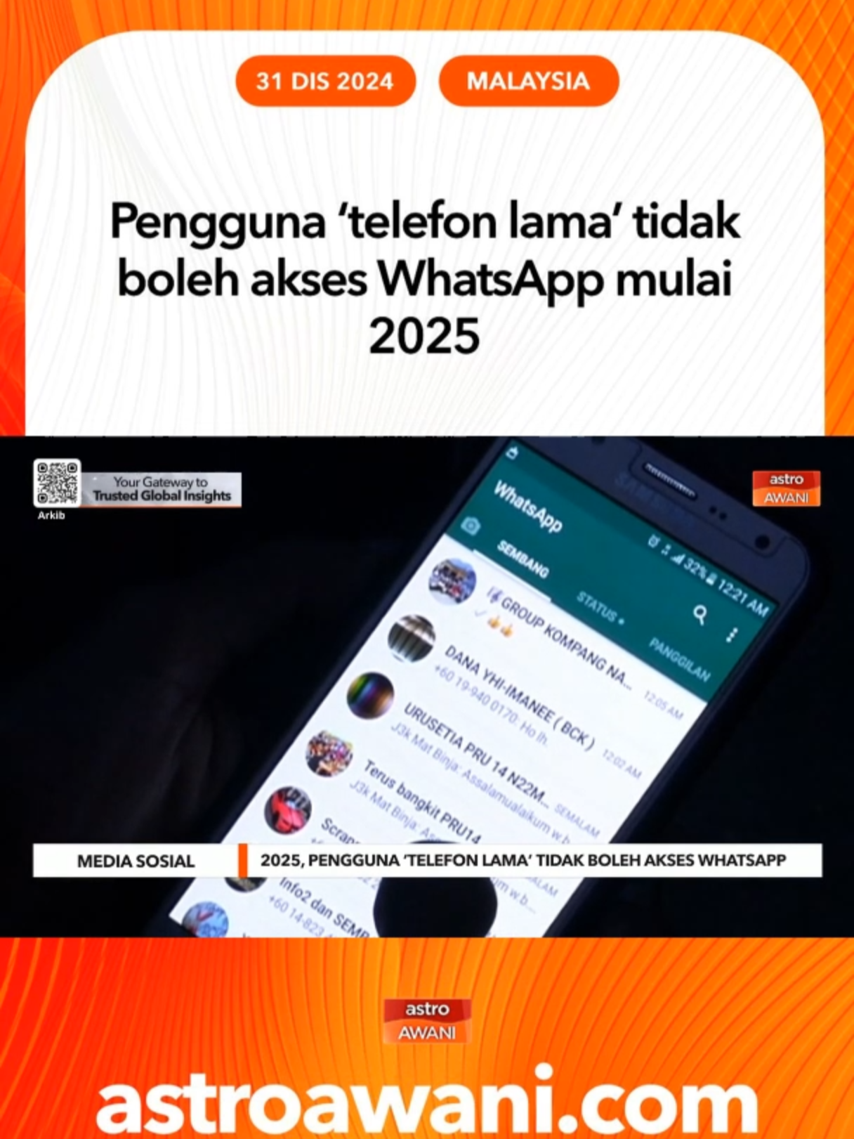 Bermula tahun baharu, aplikasi WhatsApp tidak lagi boleh digunakan pada beberapa peranti telefon pintar seperti model Android termasuk Samsung, Motorola, HTC, LG dan Sony. #AWANInews