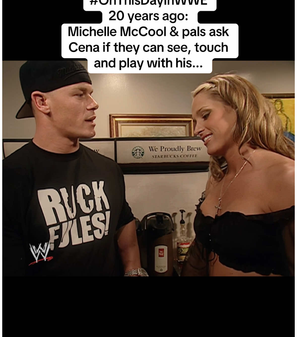 Don’t let the Undertaker see this!  Michelle McCool and her female friends ask John Cena if they can see it, can touch it and play with it... His spinning US Title, of course  #onthisdayinwwe @John Cena 