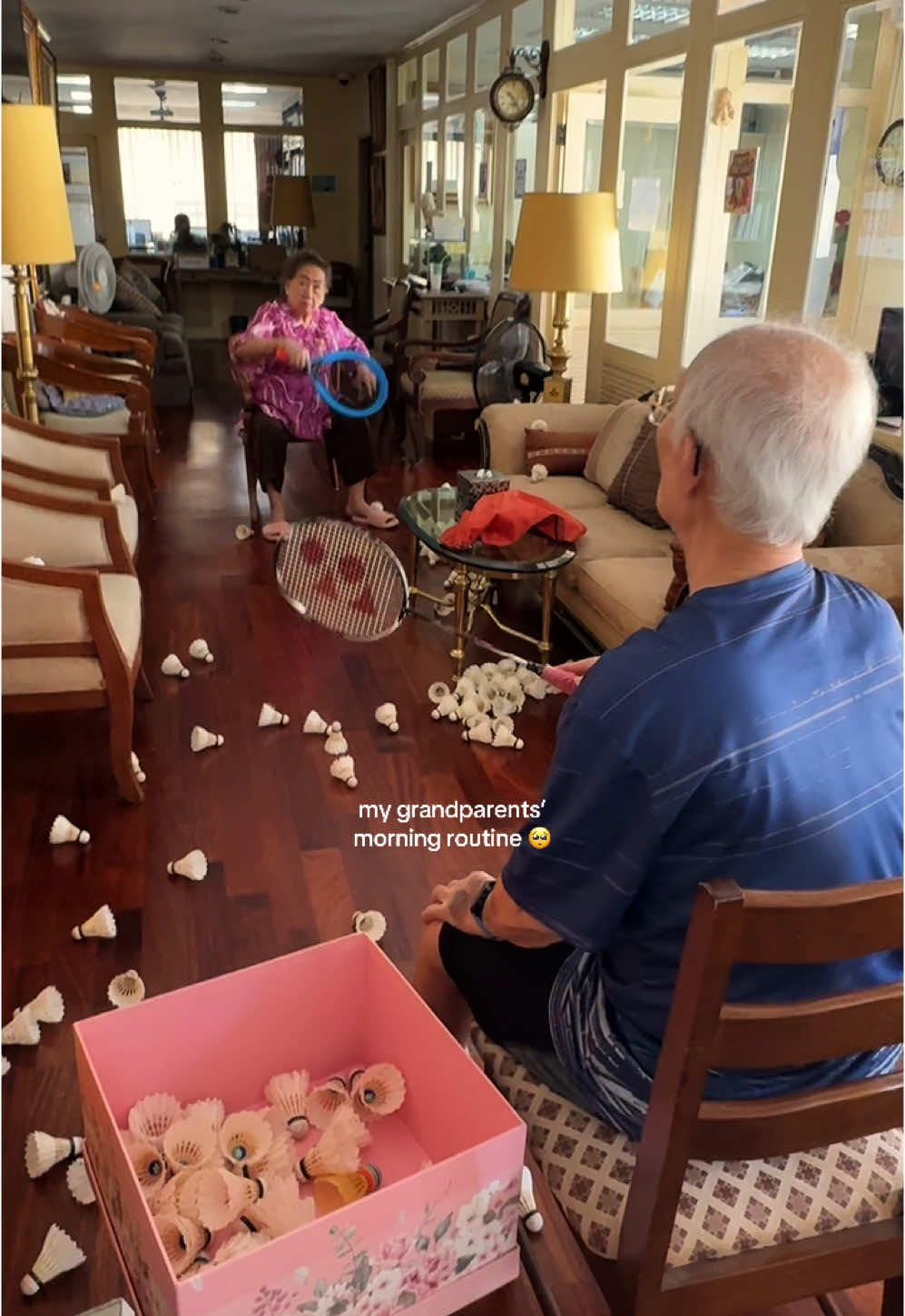 we got a backyard racket set for grandma from REI and now she plays every day - it’s way easier to hit with this one #family #badminton #grandparents #oldcouple #familyactivities 