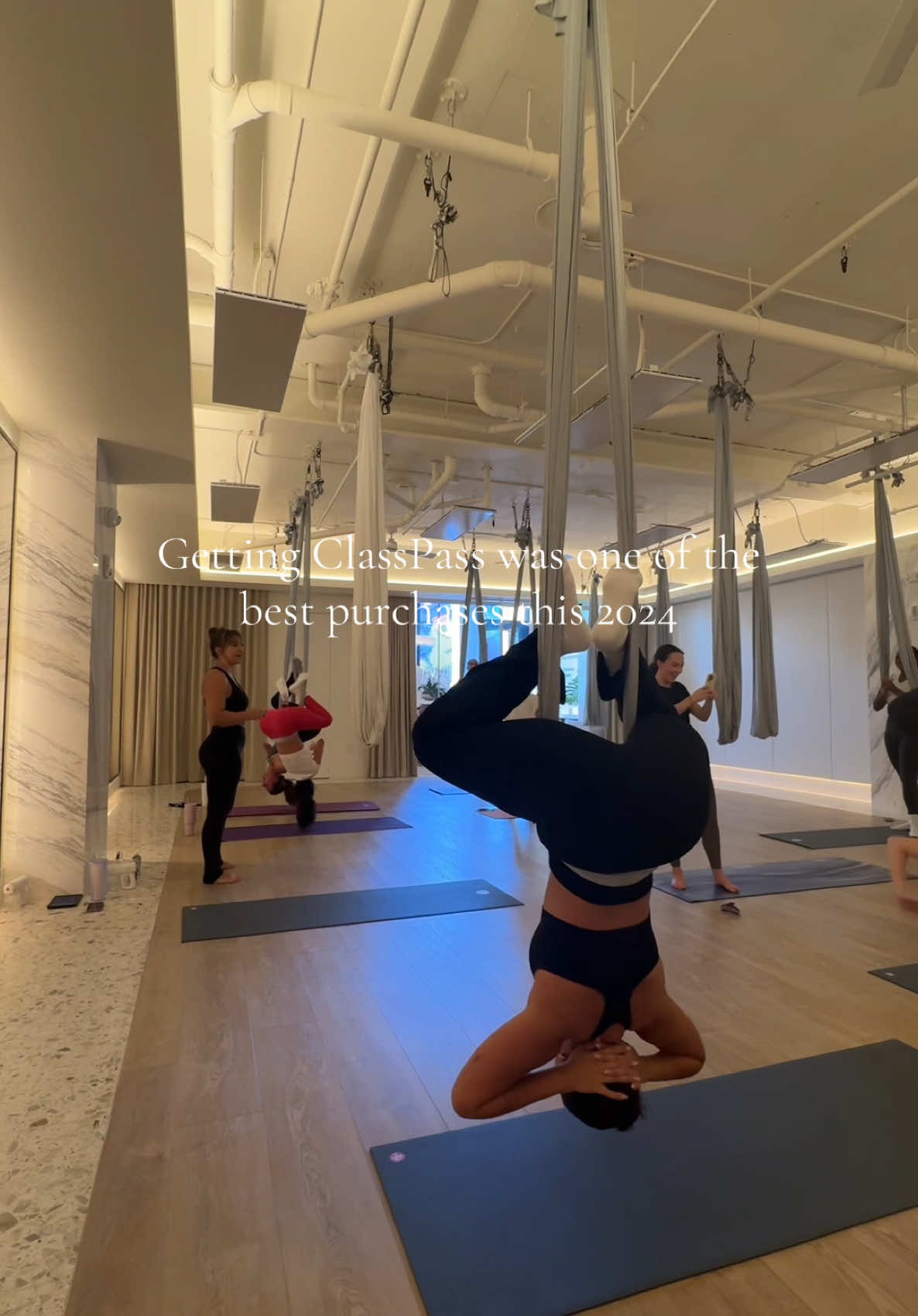 One of the best purchases of 2024 was definitely @ClassPass got to try so many new gyms and found a new hobby #classpass #aerialyoga #pilates 