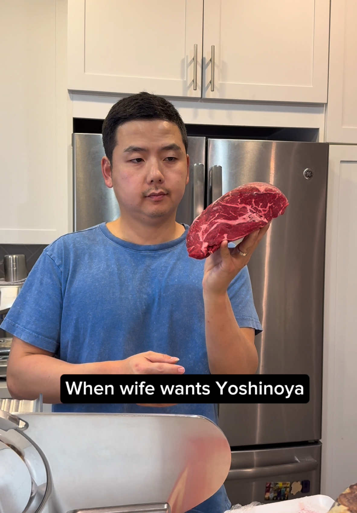 Easy recipe to make Yoshinoya at home. In a pan boil 1/2 cup water, 1 tsp dashi powder, 2 tbsp soy sauce, 1 tbsp mirin, 1 tsp sugar.  Add sliced onions and boil until onions are soft then add in the meat and cook until meat is done.  The meat I used was chuck eye.  The hardest part about this is slicing the meat as thin as possible which can be done with a meat slicer.  But I would say it's probably better to just buy Yoshinoya because it's pretty dang good and cheap.