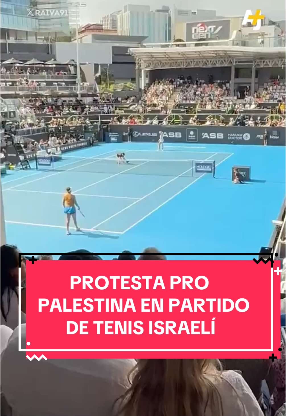 Protestan en contra de los ataques y ocupación ilegal de Israel en Gaza durante torneo de tenis en Nueza Zelanda. #Noticias #Palestina #Tenis #PartidodeTenis