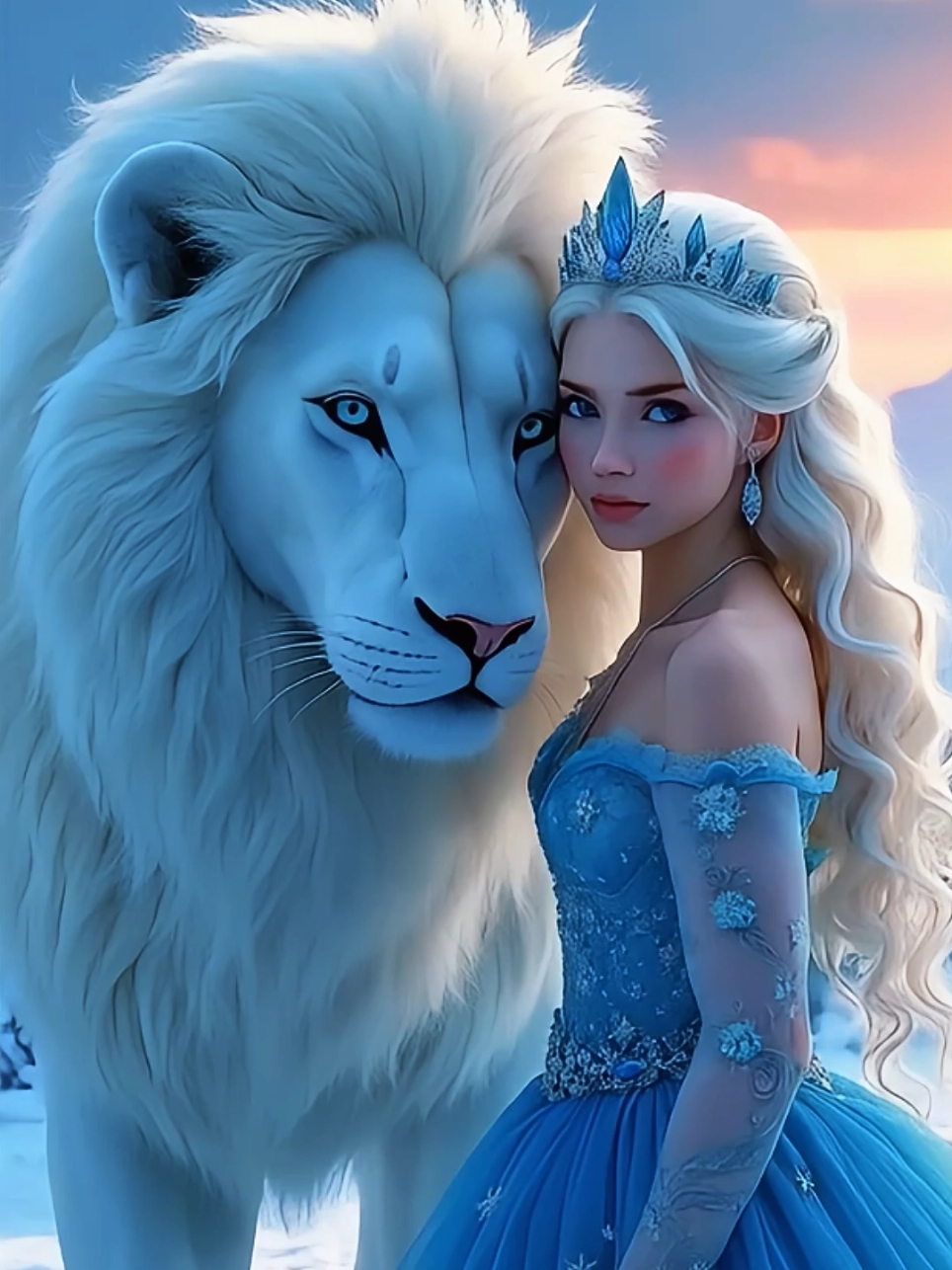 una reina de hielo junto a su león guardián 😍 #artedigital #livewallpaper #felinos #wallpaper #fondodepantalla #reinas #princesa #mujeres #leon #lion #frozen 