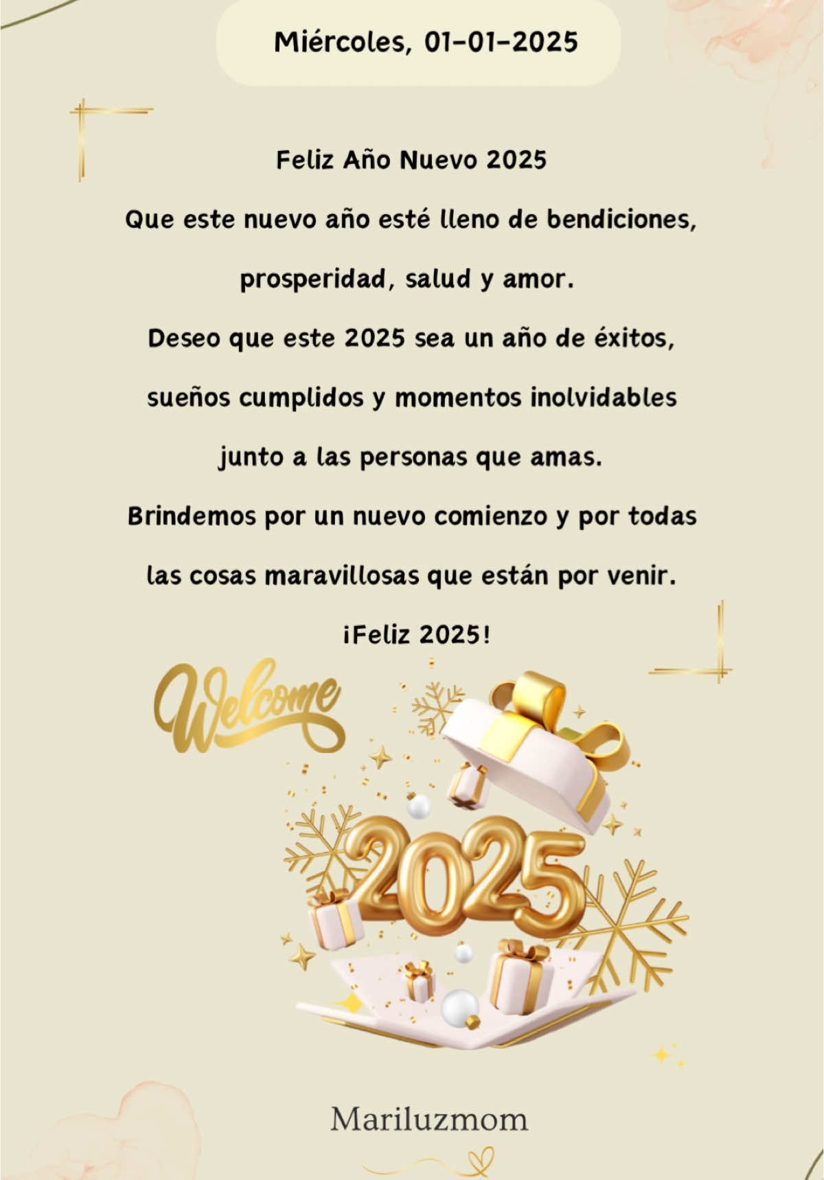 Feliz año nuevo 2025. Bendiciones para todos ❤️😍🪅 #bendiciones #bendiciones🌹❤️🙌🏻🙌🏻 #felizdia #escritos #positivevibes #lindodia #godisgood #mariluzmom #frasesmotivadoras #frasesdiarias #frases_aesthetic #frases #navidad #añonuevo #enero 