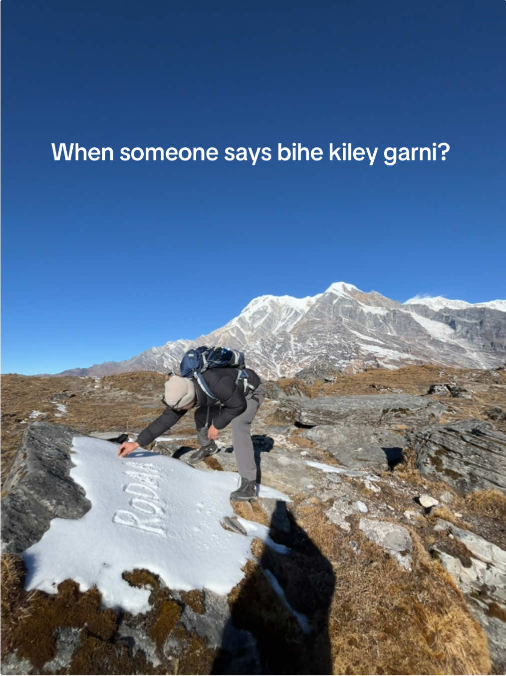 Bihe kailey garni? 🙄 #funnynepali #nepalitiktok #nepaliviral #viralnepalitiktok #nepalifunny #nepalilines #nepaliquotes #nepal #mardihimal #mountain #mountains #snow #fyp #nepalitrendingsong 