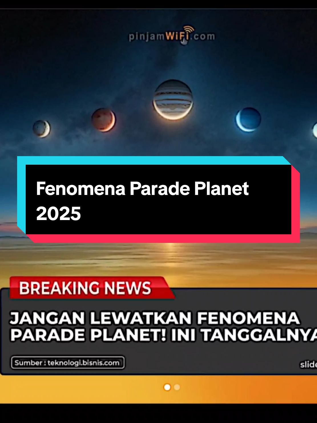 Pada tahun 2025, akan terjadi beberapa fenomena planet sejajar, yaitu: 18 Januari 2025: Planet Mars, Jupiter, Uranus, Neptunus, Saturnus, dan Venus akan sejajar di malam hari  28 Februari 2025: Planet Saturnus, Merkurius, Neptunus, Venus, Uranus, Jupiter, dan Mars akan sejajar di malam penuh  29 Agustus 2025: Planet Merkurius, Venus, Jupiter, Uranus, Neptunus, dan Saturnus akan sejajar di pagi hari  Fenomena planet sejajar ini disebut juga sebagai parade planet. Parade planet terjadi ketika beberapa planet tata surya terlihat di langit malam pada saat yang bersamaan.  Pada fenomena parade planet 2025, hanya planet Venus, Mars, Jupiter, dan Saturnus yang dapat dilihat dengan mata telanjang. Untuk melihat planet Neptunus dan Uranus, diperlukan teleskop atau teropong berdaya tinggi. #trending  #fyp #fenomenalangka #planetsejajar #foryoupage #langitmalam #astronomy #NASA #astrophile #viralvideo #lewatberandamufypシ゚viraltiktok #2025 #universe #astrophotography #xyzbca #tiktok #plisssfyp #nightsky 