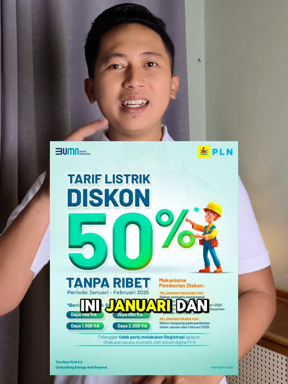 Sudah pada tau belum? @pln_id PLN memberikan diskon 50% diawal tahun 2025 ini !  *Mekanisme Pemberian Diskon: PELANGGAN PASCABAYAR: • Diskon otomatis mengurangi Tagihan pemakaian Januari dibayarkan periode 1-20 Februari 2025 •Tagihan pemakaian Februari dibayarkan periode 1-20 Maret 2025 *PELANGGAN PRABAYAR: •Diskon langsung pada pembelian token Januari dan Februari 2025 #pln #pln_indonesia #TikTokCreatorSearchInsightsIncentive 