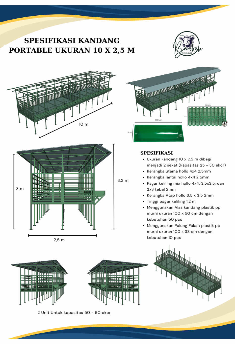 🔷 KANDANG PORTABLE MULTIFUNGSI BAROKAH FARMHOUSE 🔷 Kini beternak jadi lebih praktis dan efisien dengan kandang portabel berukuran 10 x 2,5 m, kapasitas hingga 25-30 ekor! ✅ Material Berkualitas: 	•	Kerangka kokoh dari hollo tebal 2-2,5 mm. 	•	Lantai & alas kandang dari plastik PP murni, kuat & tahan lama. ✅ Desain Ergonomis: 	•	Tinggi pagar 1,2 m, nyaman untuk ternak. 	•	Dilengkapi palung pakan ukuran 100 x 38 cm untuk mempermudah pemberian pakan. ✅ Mudah Dipindahkan: Sesuai untuk peternakan modern yang fleksibel tanpa mengurangi kenyamanan ternak Anda. Pesan sekarang dan tingkatkan produktivitas peternakan Anda! 📲 Hubungi kami di 085171180997 untuk info lebih lanjut. 💡 Barokah Farmhouse - Solusi Cerdas untuk Peternakan Anda! #KandangPortabel #PeternakanModern #BarokahFarmhouse #KandangDomba #KandangKambing #KandangBerkualitas #TernakSejahtera #PeternakanCerdas #KandangPraktis #SolusiPeternakan #BeternakMudah #KandangKuat #PeternakanEfisien #PeternakanProduktif #KandangTahanLama