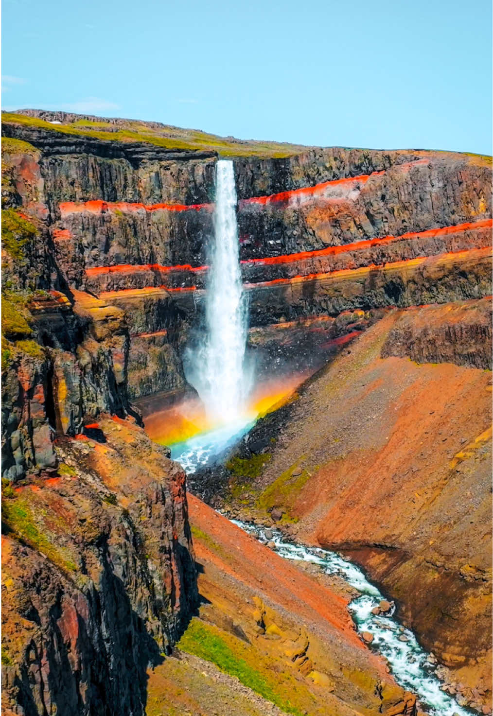 I didn’t expect to see this when I started the drone 😍  The rainbow 🌈 was the cherry on top! Who would you visit this waterfall with on your next trip to Iceland?  📷 DJI Mavic 3 #cinematicdrone #icelandwaterfall #hengifoss #djidrone #exploreiceland #beautifuldestinations #naturalwondersoftheworld 