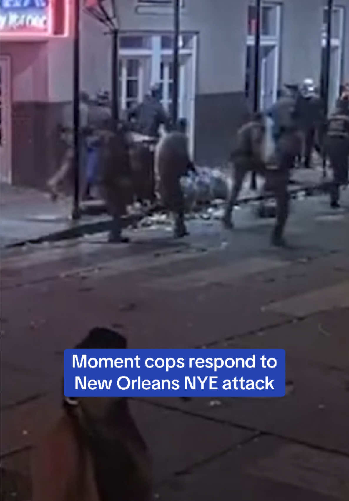 Watch the moment a group of cops in New Orleans react to car driving into Bourbon Street crowd. The video shows a group of police officers standing on a corner in New Orleans when suddenly, they all start to sprint down the street in the same direction. It appears the cops were responding to a call about a truck driving into a crowd on Bourbon Street. Read more on DailyMail.com 🎥 Earth-cam #neworleans #nye #suv #newyear 