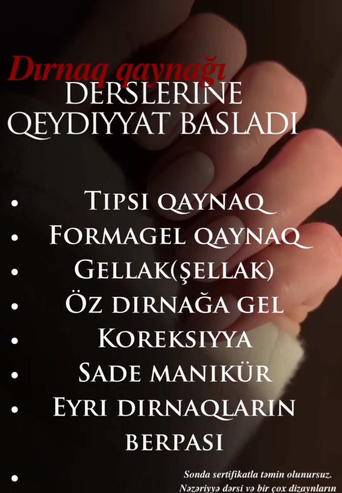 📌Tələbə qəbuluna start verirəm!  1 aylıq dırnaq qaynağı kursu sadəcə 200Azn Kurs 1 ay müddətində və yalnız qrupda max 2 nəfər olmaqla keçirilir. Model və materiallar kurs tərəfindən qarşılanır! İlk gündən canlı model üzərində mənim nəzarətim altında işleyirsiz. 📍Kursa daxildir; ⚜️Tipsi qaynaq ⚜️Formagel qaynaq ⚜️Öz dırnağına gel ⚜️Gellak (şellak) ⚜️Korreksiyya ⚜️Kombi manikur ⚜️Və nəzəriyyə dərsi. 📍Bütün incəlikləri mənim köməyim ilə öyrənəcəksiz. Sonda isə sertifikat ilə təmin olunursuz. 📍Əsas dizaynlar və nəzəriyyə dərsi isə məndən sizə hədiyyə olunacaq Yazılmaq üçün 051 493 90 32 WhatsApp’a  yazmağınız kifayətdir✨ #öneçıkart #trendingvideo #kesfet #telebe #dırnaqqaynagı 