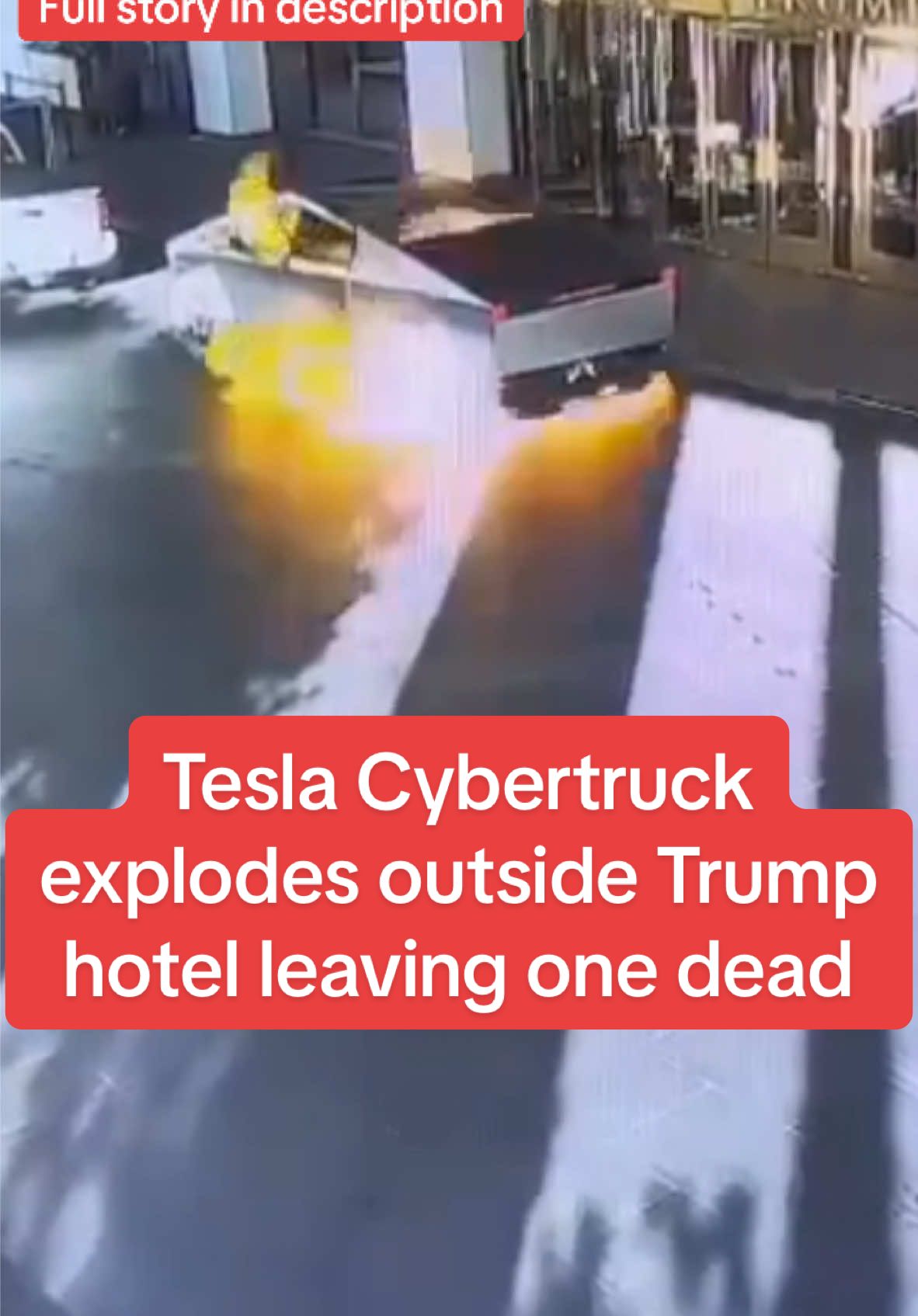 A person was killed and several injured when a Tesla truck exploded after catching fire outside Donald Trump's tower in Las Vegas.  Las Vegas Police confirmed a person was killed inside the vehicle.  Fire crews are working to remove the body from the car. At least seven other people were injured in the accident, which currently police are unable to explain.