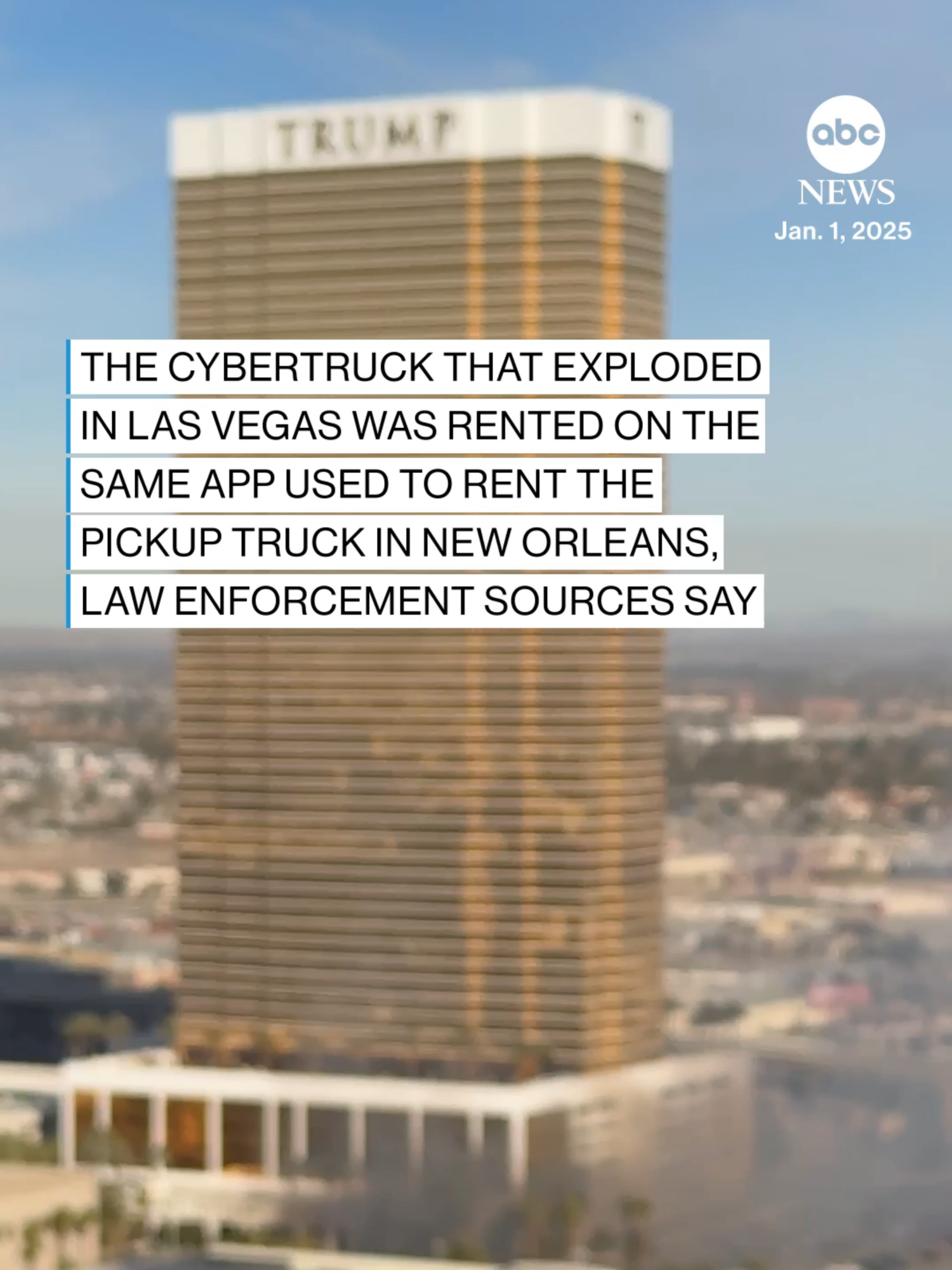 The Cybertruck that exploded in Las Vegas was rented on the same app used to rent the pickup truck in New Orleans, law enforcement sources said. Authorities are investigating a Tesla Cybertruck explosion on Wednesday outside the Trump Las Vegas hotel in Nevada as a possible act of terror. An official briefed on the probe told ABC News that the Tesla Cybertruck had a load of fireworks-style mortars onboard. Investigators were urgently working to determine a motive and whether the driver intended to set off an explosion and why. #cybertruck #trump #lasvegas #news #abcnews