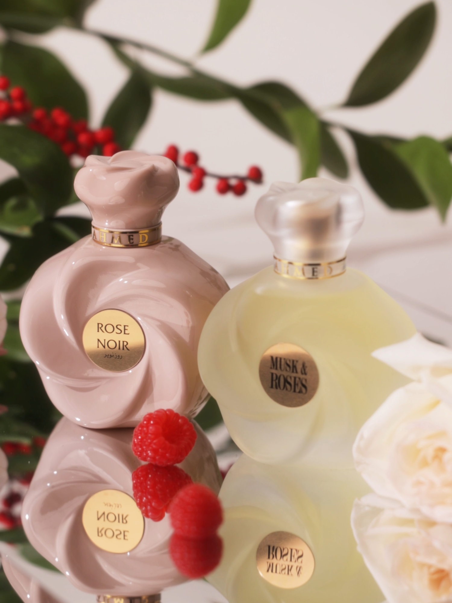 Experience the perfect harmony of two exquisite fragrances: Rose Noir, a captivating blend of citrusy mandarin, velvety rose, warm vanilla, and woody ambergris, and Musk & Roses, a delicate fusion of sweet raspberry, romantic roses, and a musky embrace. Two scents, endless elegance. #RoseNoir #MuskAndRoses #ahmedalmaghribiperfumes