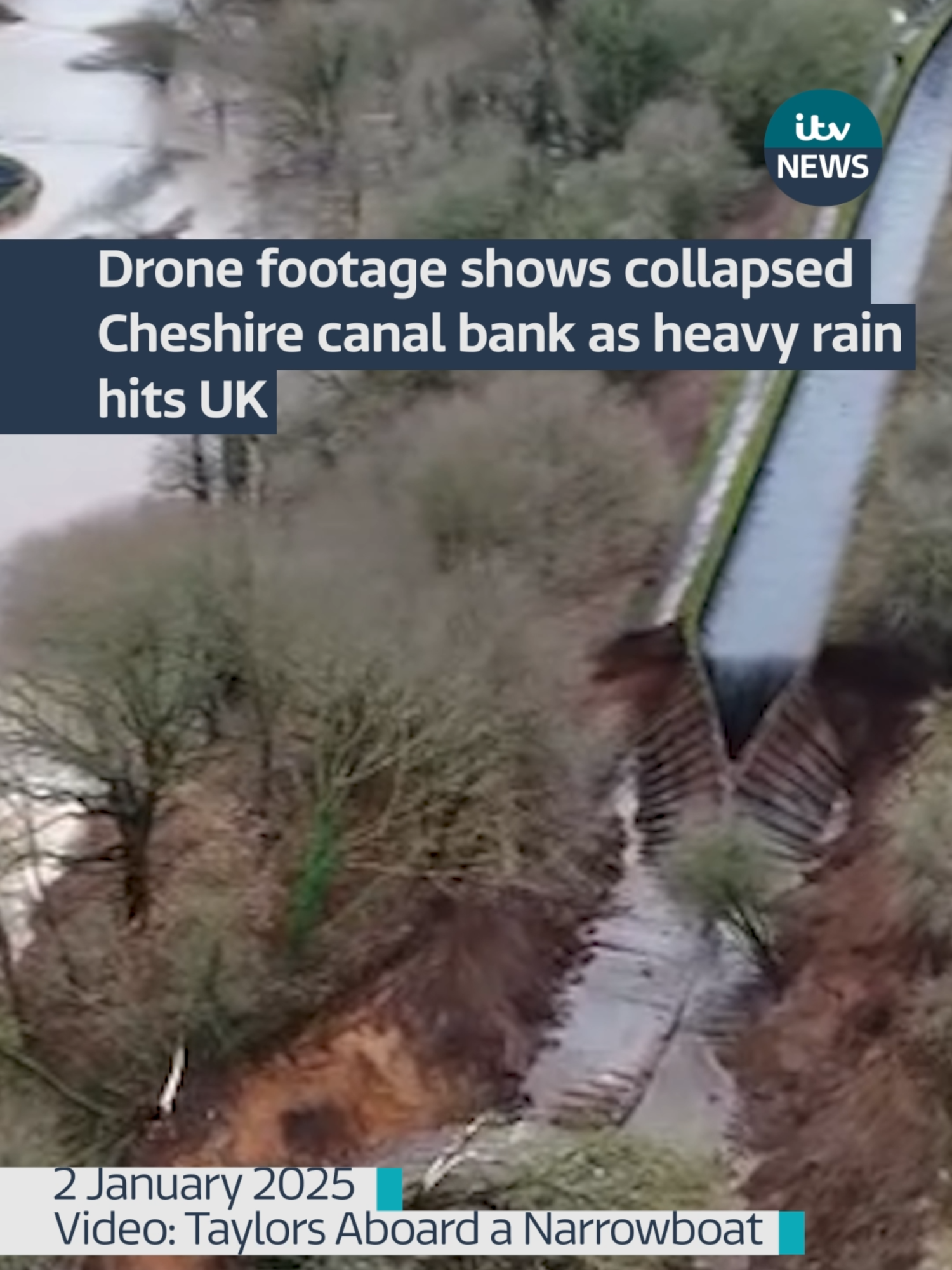 Aerial footage from Cheshire shows a collapsed canal bank after heavy rain hit parts of the UK #itvnews #weather #cheshire