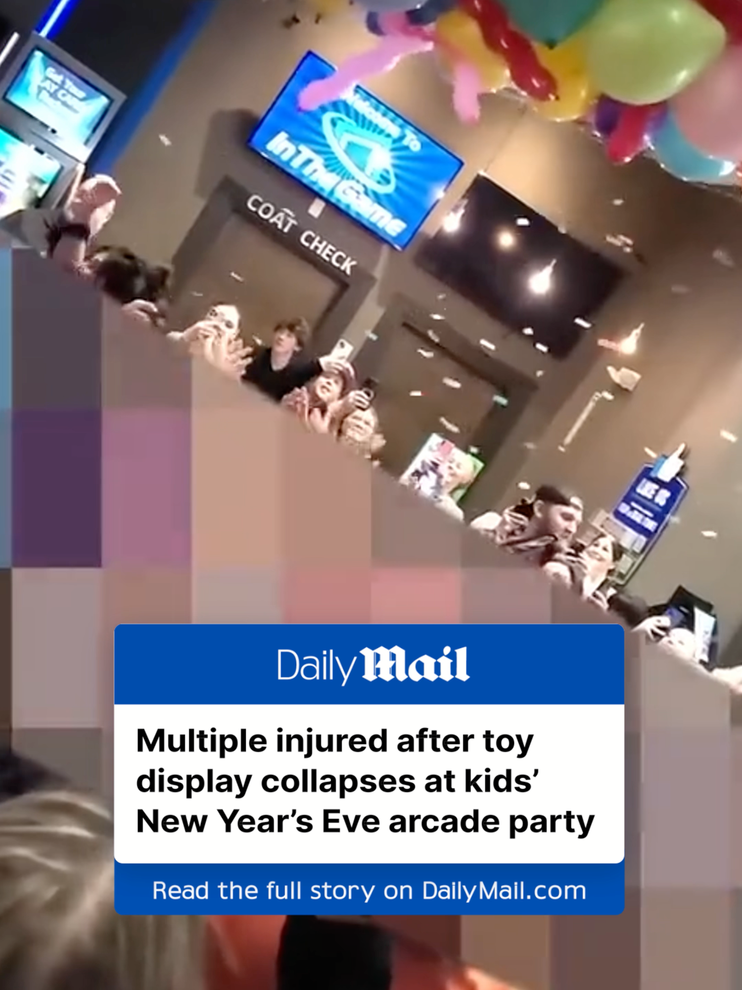 The horrific moment that a toy block display collapsed and hit multiple people during a New Year's Eve party at a Massachusetts arcade was captured on camera. 'In The Game' on Lowell Street in Peabody was hosting a 'Noon Year's Eve celebration' on Tuesday afternoon, according to their Facebook page. But when the employees were trying to conduct the colorful balloon drop for the event, a toy display toppled onto the young spectators. 🎥 Terri Whitaker via Storyful Read the full story on Dailymail.com