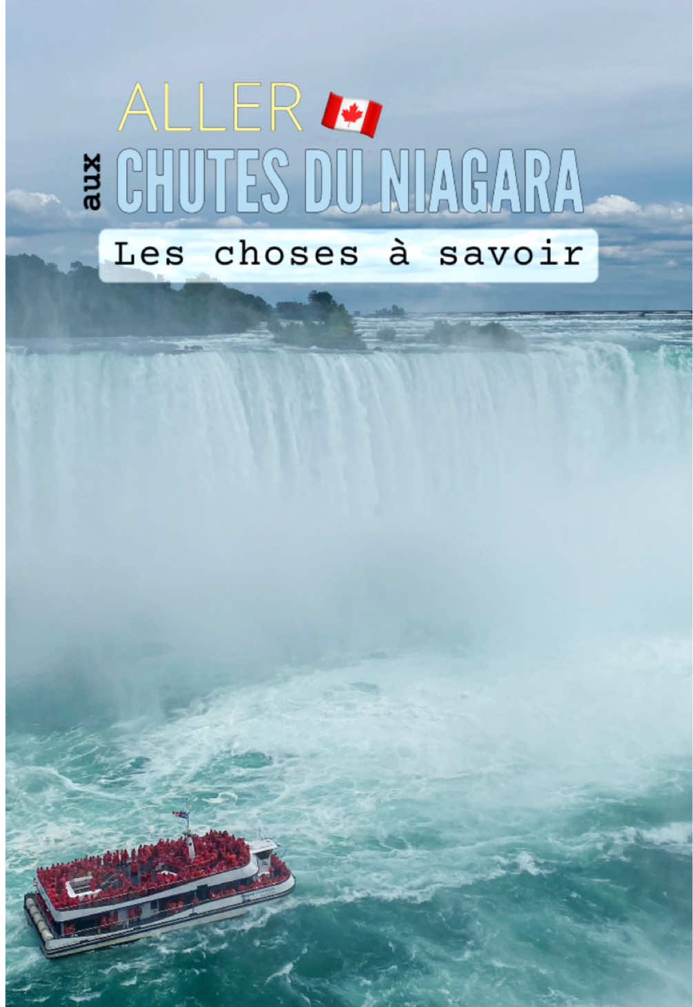 Quelques informations supplémentaires pour ta visite aux Chutes du Niagara 💃🏽 :  - Tu peux passer une journée à Niagara Falls pour profiter des chutes (observatoire, bateau, tyrolienne) puis clore ta journée par une balade à clifton hill, une rue très animée à 5min à pied des chutes. Tu y trouveras des restaurants, des salles de jeux, ded attractions. Ça me fait penser à un mini Las Vegas.  L’accès aux chutes est gratuit (il n’y a pas d’entrée à payer), mais les activités et attractions sont payantes.  - Je te suggère d’y aller quand il fait bon. Mais d’éviter les mois de juillet et aout où il y a énormément de monde.  J’ai fait les chutes en juillet et en septembre, et il y avait énormément de foule en juillet, notamment sur le bateau où il n’était pas possible de s’y déplacer, alors qu’en septembre il y avait nettement plus d’espace sur le bateau.  - Prix du bateau @niagaracruises pour les 13 ans et + : 32,75$ sans taxes ⛴️ Les croisières commencent en général à 9h00 et terminent vers 18h (selon la saison).  Les ponchos pour le tour en bateau sont fournis.  Les ponchos rouges seront pour les visiteurs du coté canadien, et les ponchos bleus pour les visiteurs du coté USA.  - Prix pour observer les chutes depuis la skylon tower qui a une hauteur de 236m: env 19$ sans taxes pour les 13 ans et +.  À savoir qu’elle est ouverte jusqu’à 22h pour pouvoir observer les chutes illuminées en soirée. En effet, chaque soir, les chutes sont éclairées par des projecteurs colorés, créant un spectacle magnifique 😍 - Prix pour la tyrolienne : 70$ sans taxes pour les 7 ans et +.  De juin à septembre, des feux d’artifice sont tirés au dessus des chutes tous les soirs à 22h.  Comment se rendre à Niagara Falls ?  Depuis Toronto, tu es à 1h30 en voiture.  Si tu n’es pas véhiculé, Via Rail propose des trajets réguliers vers Niagara Falls. Sinon tu peux y aller en car grace aux compagnies comme Greyhound.  Reserve bien tes trajets à l’avance.  N’hésite pas si tu as des questions. J’y répondrai avec plaisir 🤍 #niagarafalls #chutesduniagara #canada #pvtcanada #toronto #montreal #incontournable #voyage #conseilsvoyage #activité 