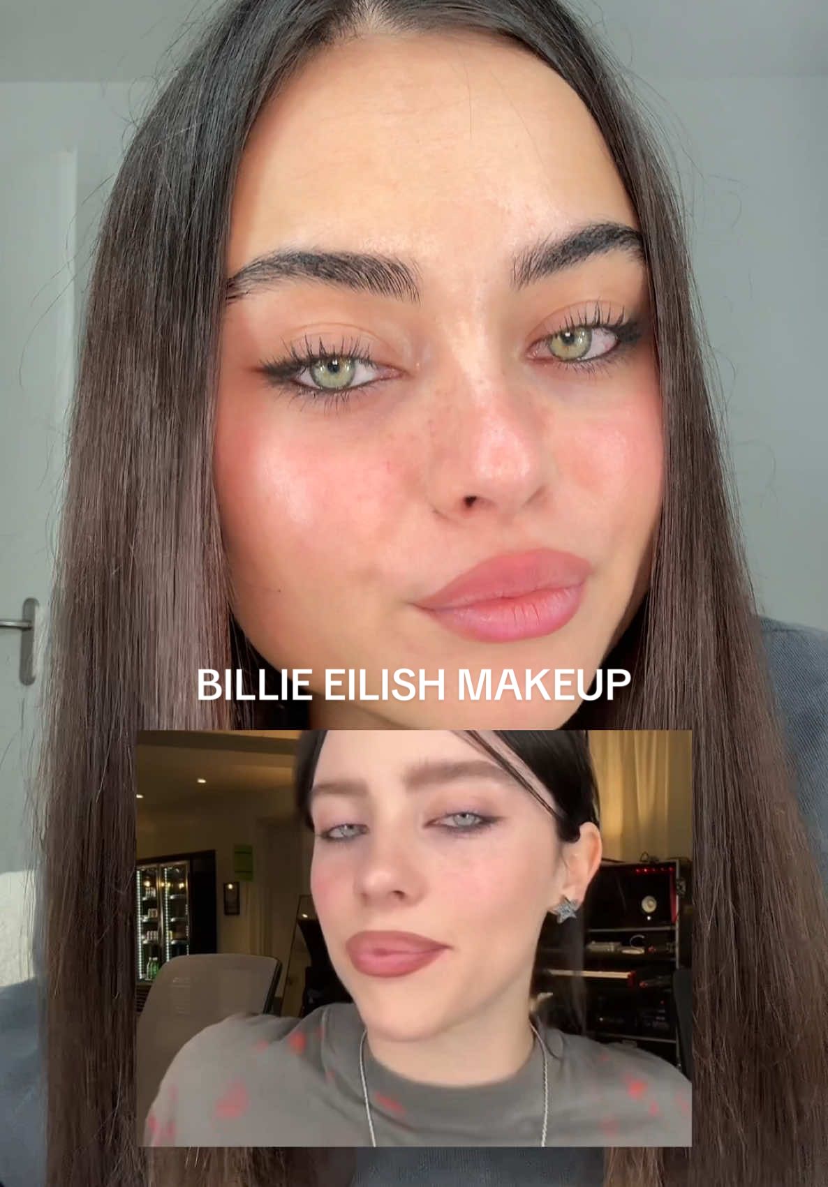 following @BILLIE EILISH makeup tutorial 🖤  credit to @lenkalul  products:  @Maybelline NY tattoo liner @Gigibee Beauty candid cat eye palette, beeloved brow fix @NARS Cosmetics concealer @milkmakeup jelly blush @Peter Thomas Roth Labs highlighter stick @Wonderskin Beauty lip tint @Natasha Denona lipliner