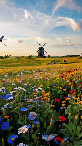 polish meadow, wildflowers, windmill, and serene sky 😍 #flowers #countryside #meadow #wildflowers #windmill #serenesky #USA #usa_tiktok #usa🇺🇸 #aesthetic #nature #peaceful