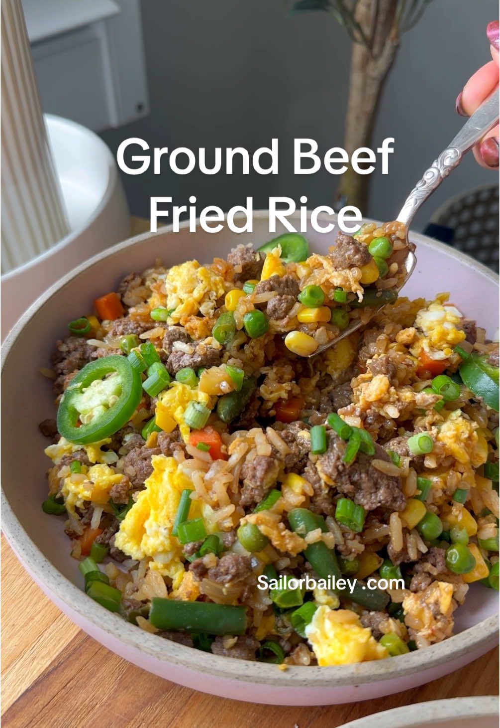 Beef Fried Rice ~ full printable recipe is linked in my bio! Beef Fried Rice ▢ 3 eggs ▢ ¼ tsp salt for the scrambled eggs ▢ 1 Tbsp sesame oil Peanut oil will also work for flavor. ▢ ½ cup onions, diced ▢ 1 Jalapeño, diced *optional ▢ 1 tsp ginger, minced ▢ 3 garlic cloves, minced ▢ 1 lb lean ground beef ▢ 2 cups day old rice *see notes for measurement help ▢ 2 cups frozen mixed vegetables ▢ ¼ cup green onions, sliced ▢ 2 tsp white sesame seeds for garnish Sauce Ingredients ▢ 3 Tbsp soy sauce ▢ 2 Tbsp hoisin sauce ▢ ½ Tbsp rice vinegar ▢ 1 tsp white granulated sugar ▢ ½ Tbsp sriracha ▢ ½ tsp pepper