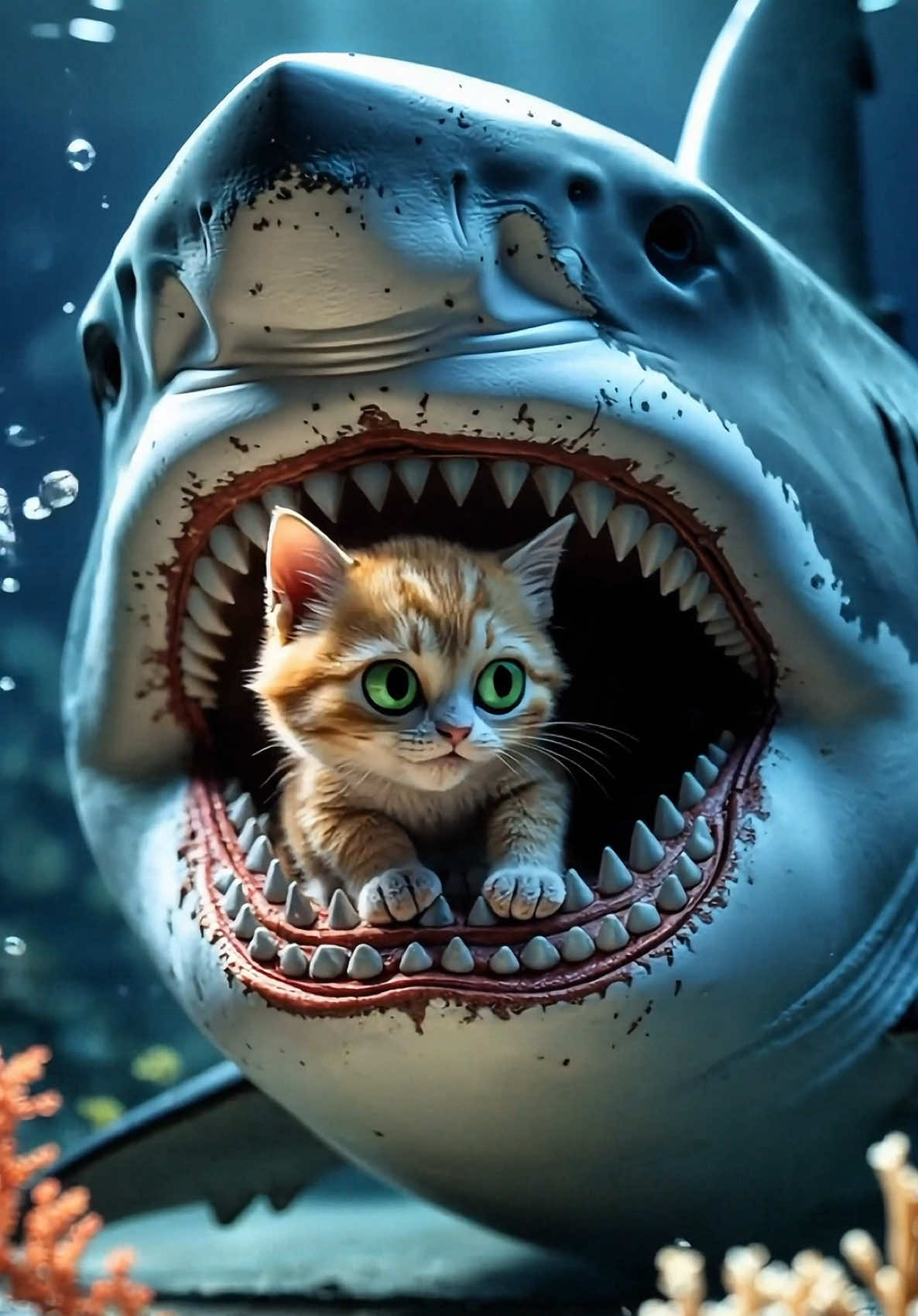 Mr.Whiskers JR. Get rescued by his godmother 🙀🐾🔥 #cat #ai #sad #Relationship #kitty #crash #shark #sharkattack #hero