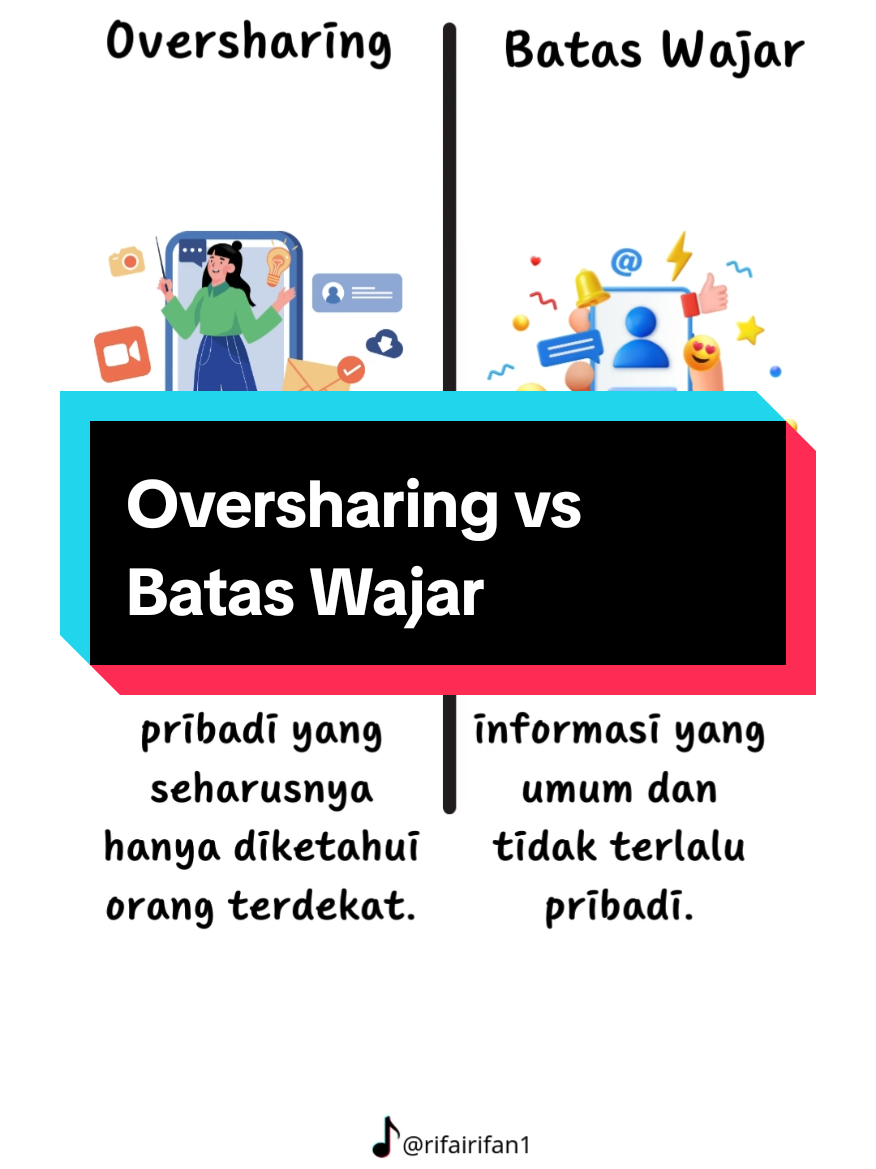 Sosial media itu bagaikan jendela, jangan lantas semua isi rumah kita harus ditunjukkan ke luar. Harus bijak, mana yang bisa dibagi dan mana yang harus diprivasi.  Tak semua hal bisa diceritakan atau diketahui oleh banyak orang. Terkadang, masalah justru datang saat kita tidak bijak menfilter apa saja yang aman untuk dibagi. Bahkan masalah sederhana menjadi semakin rumit saat diketahui oleh banyak orang. Bukannya selesai, malah bisa justru menguras energi.  Mari selektif dengan apa yang mau kita posting di sosial media. Ingat, jangan segala hal yang kita alami dan kita miliki lantas dibagikan ke dunia hanya demi konten dan interaksi. Pilihlah dengan bijak, apakah postingan kita akan memberi manfaat atau justru menambah keruwetan dalam kehidupan kita sendiri.