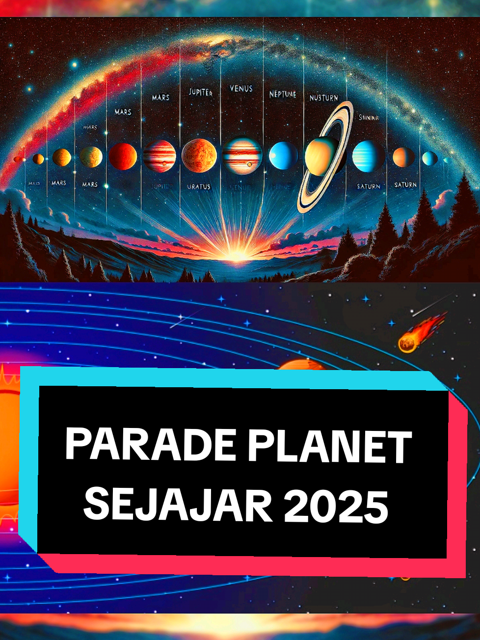 Parade planet sejajar adalah fenomena astronomi di mana beberapa planet tampak berbaris dalam satu garis lurus jika dilihat dari Bumi. Meskipun planet-planet ini tidak benar-benar sejajar dalam ruang tiga dimensi, dari perspektif kita di Bumi, mereka tampak berada dalam satu garis lurus. Fenomena ini terjadi karena orbit planet-planet tersebut mengelilingi Matahari berada pada bidang yang hampir sama, sehingga pada waktu-waktu tertentu, mereka tampak berdekatan atau sejajar di langit. Pada tahun 2025, diperkirakan akan terjadi beberapa parade planet yang dapat diamati dari Bumi. Salah satu yang paling dinantikan adalah pada bulan Januari dan Februari 2025, di mana enam planet—Mars, Jupiter, Uranus, Venus, Neptunus, dan Saturnus—akan membentuk sebuah busur besar di langit malam. Puncak fenomena ini diperkirakan terjadi sekitar tanggal 21 dan 22 Januari 2025. Kemudian, pada akhir Februari, planet Merkurius akan bergabung, menambah jumlah planet yang terlihat menjadi tujuh.  Untuk mengamati fenomena ini, Anda dapat melihat ke langit setelah matahari terbenam. Planet-planet seperti Venus dan Jupiter akan mudah dilihat dengan mata telanjang karena kecerahannya yang tinggi. Namun, untuk melihat planet seperti Uranus dan Neptunus, Anda mungkin memerlukan teleskop atau binokular karena kecerahannya yang lebih redup.  Proses terjadinya parade planet sejajar berkaitan dengan periode orbit masing-masing planet yang berbeda-beda. Setiap planet mengelilingi Matahari dengan kecepatan dan jalur orbit yang unik. Pada waktu-waktu tertentu, posisi mereka relatif terhadap Bumi sedemikian rupa sehingga dari sudut pandang kita, mereka tampak berbaris sejajar. Fenomena ini tidak memiliki dampak signifikan terhadap Bumi dan lebih merupakan peristiwa visual yang menarik bagi para pengamat langit. #Astronomi #ParadePlanet #PlanetSejajar #FenomenaLangit #PengamatanLangit #LangitMalam #PlanetMars #PlanetJupiter #PlanetVenus #PlanetUranus #PlanetNeptunus #PlanetSaturnus #FenomenaAstronomi2025 #PlanetParade2025 #TeleskopAstronomi #LangitMalamIndonesia #gofhistory #semogabermanfaat😇🙏