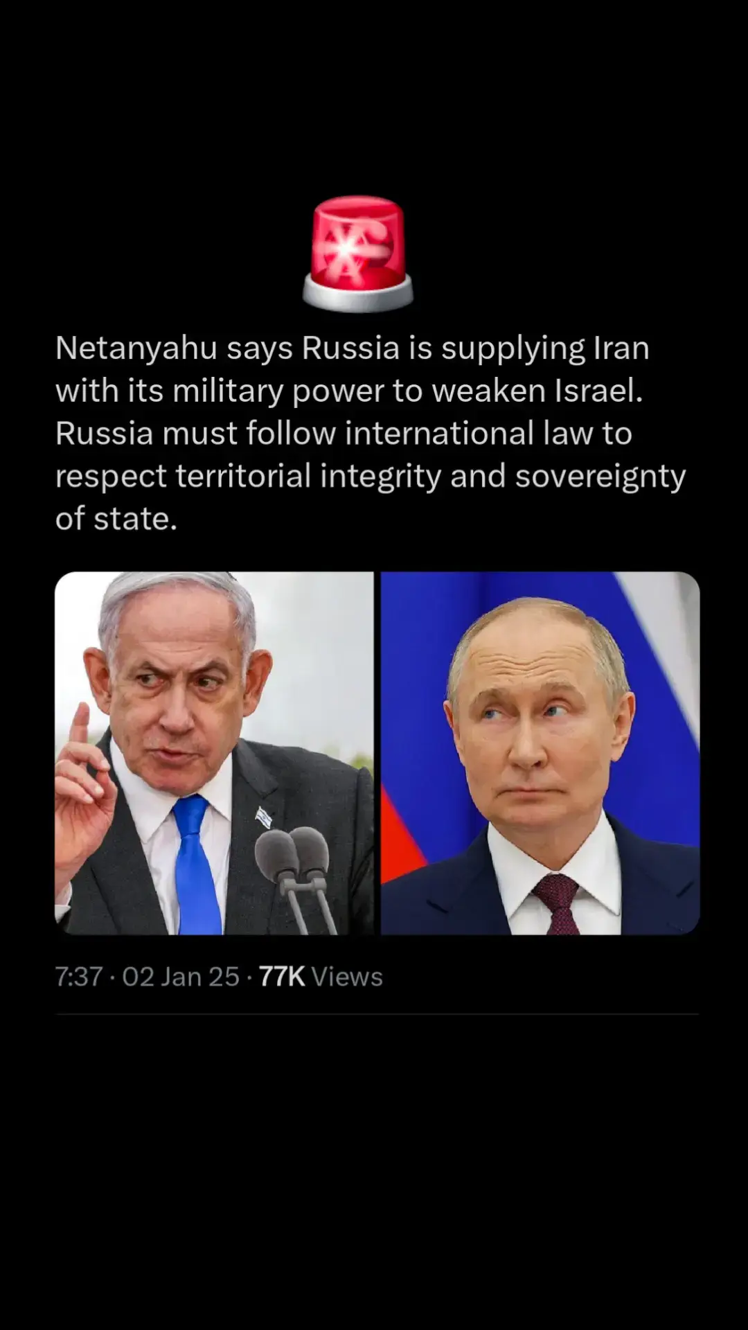 Netanyahu says Russia is supplying Iran with its military power to weaken Israel. Russia must follow international law to respect territorial integrity and sovereignty of state.#fyp #foryou #foryoupage #viral #news #tiktok #war 