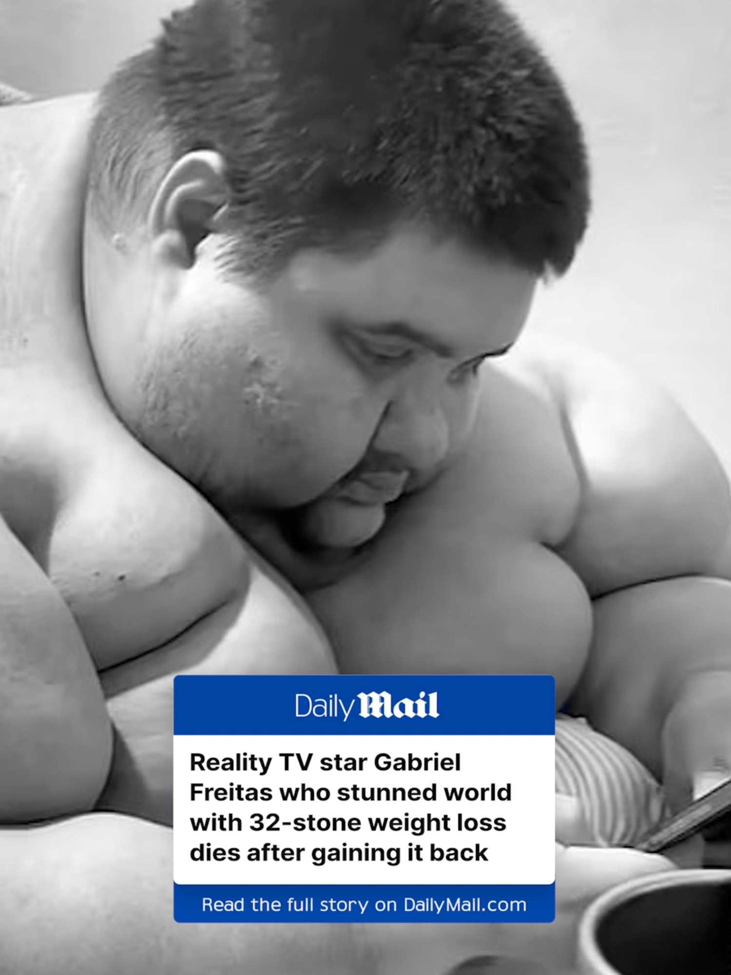 A Brazilian influencer whose staggering 32-stone weight loss made him the star of a reality TV show has died aged 37 after piling on the pounds again following the loss of his dad and brother ahead of a new attempt to drop to just 15 stone without surgery or medicine. Gabriel Freitas, whose 70,000 Instagram fans were following his daily battle to shed his excess pounds, passed away following a heart attack on December 30 as he napped in bed although close friend Ricardo Gouvea only went public with his loss yesterday. He said: 'Gabriel died practically sleeping, he didn't suffer. He died trying. He fought to the end, he was very strong and I have a lot of respect for him. He was a very good person with a very good heart.' Gabriel made headlines in 2017 in his native Brazil after appearing on a Record TV programme called Programa do Gugu which featured a section titled 'Virou Outra Pessoa' that in English translates as 'Became Another Person.' Millions of viewers tuned into the amazing story of how he shed more than 30 stone with a more balanced diet and exercise after starting to put on weight as a teenager. In 2015 6ft 4ins Gabriel weighed just over 50 stone but in a year and a half with his amazing lifestyle transformation managed to drop to just 18 stone. Programme host Gugu Liberato congratulated him for 'going further than most people could imagine' as Gabriel showed off his handsome good looks thanks to his size transformation. The subsequent death of his father and brother led to his weight ballooning again and he was weighing in at nearly 60 stone just before he passed away as he embarked on his new health drive. Read more on Dailymail.com