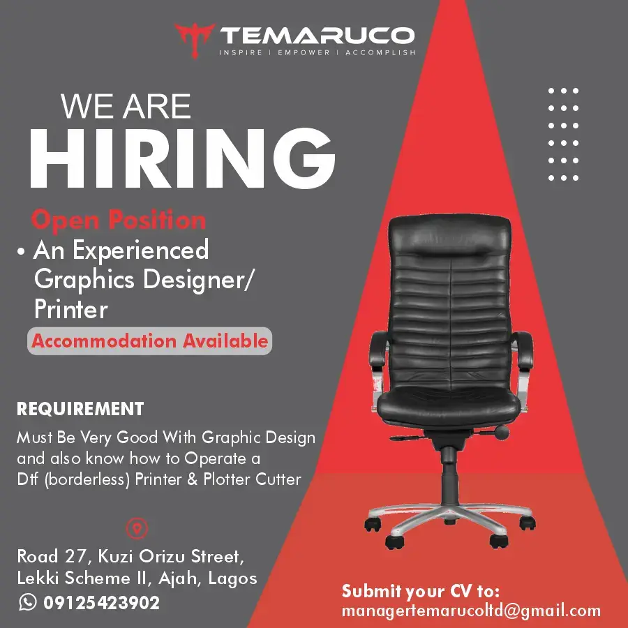 Salary 120,000 naira. Accomodation available Location: Ajah, Lagos Work days:  Monday to Friday 8am to 5pm.  Saturday 8am to 3pm Share this post, someone following you might need it. #hiring #employment #temaruco 