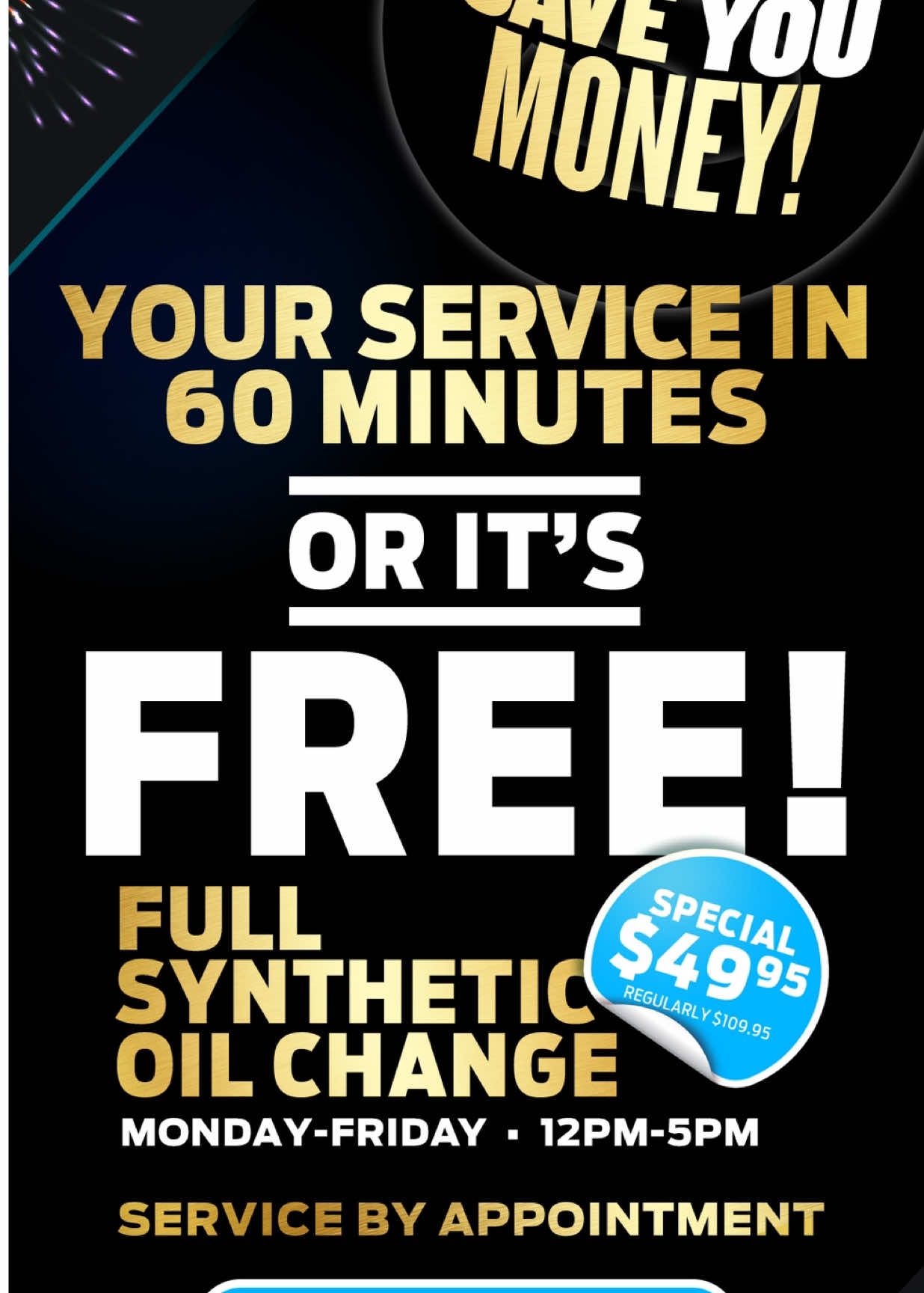 ⏱️ 60 minutes or FREE! 🚗 Full Synthetic Oil Change for just $49.95! Start the year with smooth rides and big savings. #CarCare #QuickService #NewYearSavings