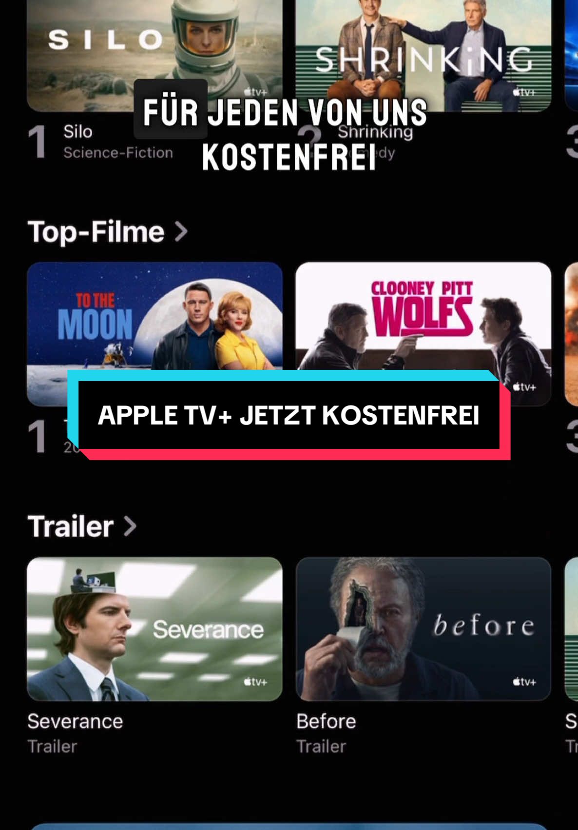 Wie krass ist das denn?! 😨🤩 Was wirst du dir am Wochenende anschauen?! 🍿 AppleTV+ ist dieses Wochenende komplett kostenfrei! Danke an dieser Stelle nochmal an @Felix Film Reviews durch sein Video bin ich erst darauf aufmerksam geworden, dass diese geile Aktion auch für Deutschland gilt! Schaut unbedingt bei ihm vorbei für weitere Tipps für AppleTV+ 🤩 #appletvplus #tothemoon #streamingtipps #news #kostenfrei #filme #filmtipps #apple 