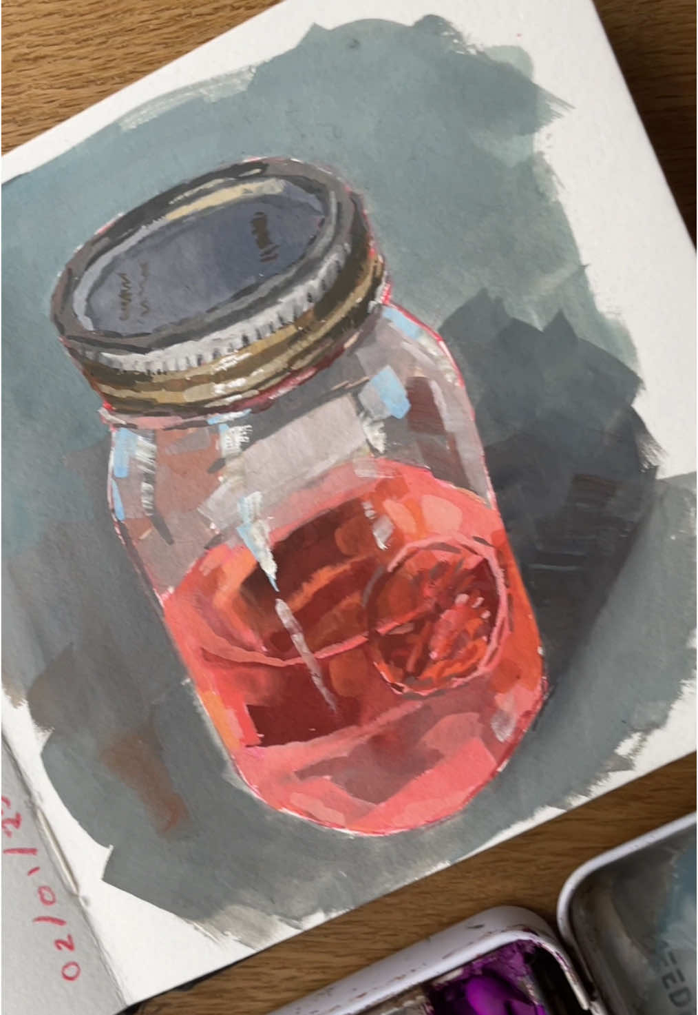 Painting a pink soap mason jar 🫙 in my sketchbook in gouache #gouache #sketchbook #painting 