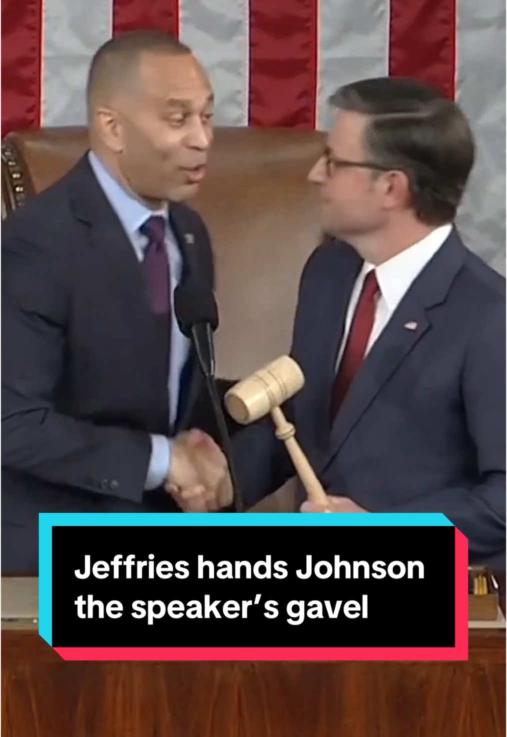 Democratic leader Hakeem Jeffries hands Mike Johnson the Speaker's gavel after Johnson secured a majority vote to win his first full two-year term as Speaker of the House. #news #congress #government #politics #johnson