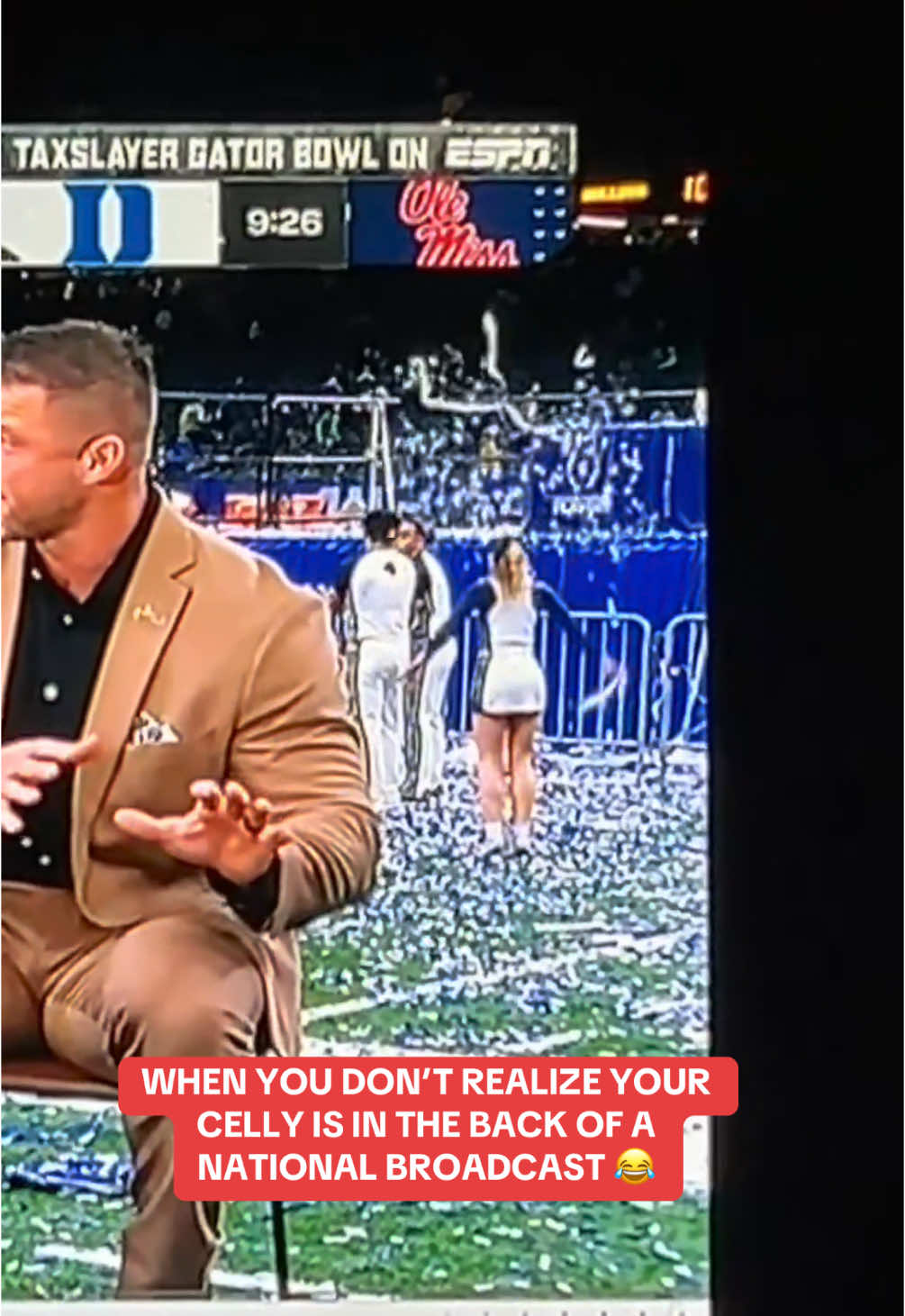 TV doesn’t wait for anyone 😂 (via @molsnook) #cheer #cheerleader #celebration #notredame #football #cfb #cfbpostseason 